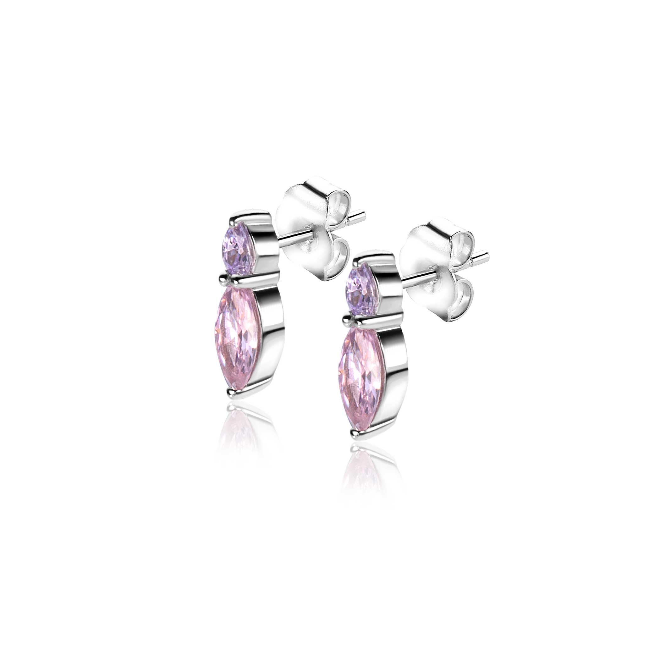 10mm ZINZI zilveren oorknopjes  bezet met ovale zirconia's in roze en lila  ZIO2498