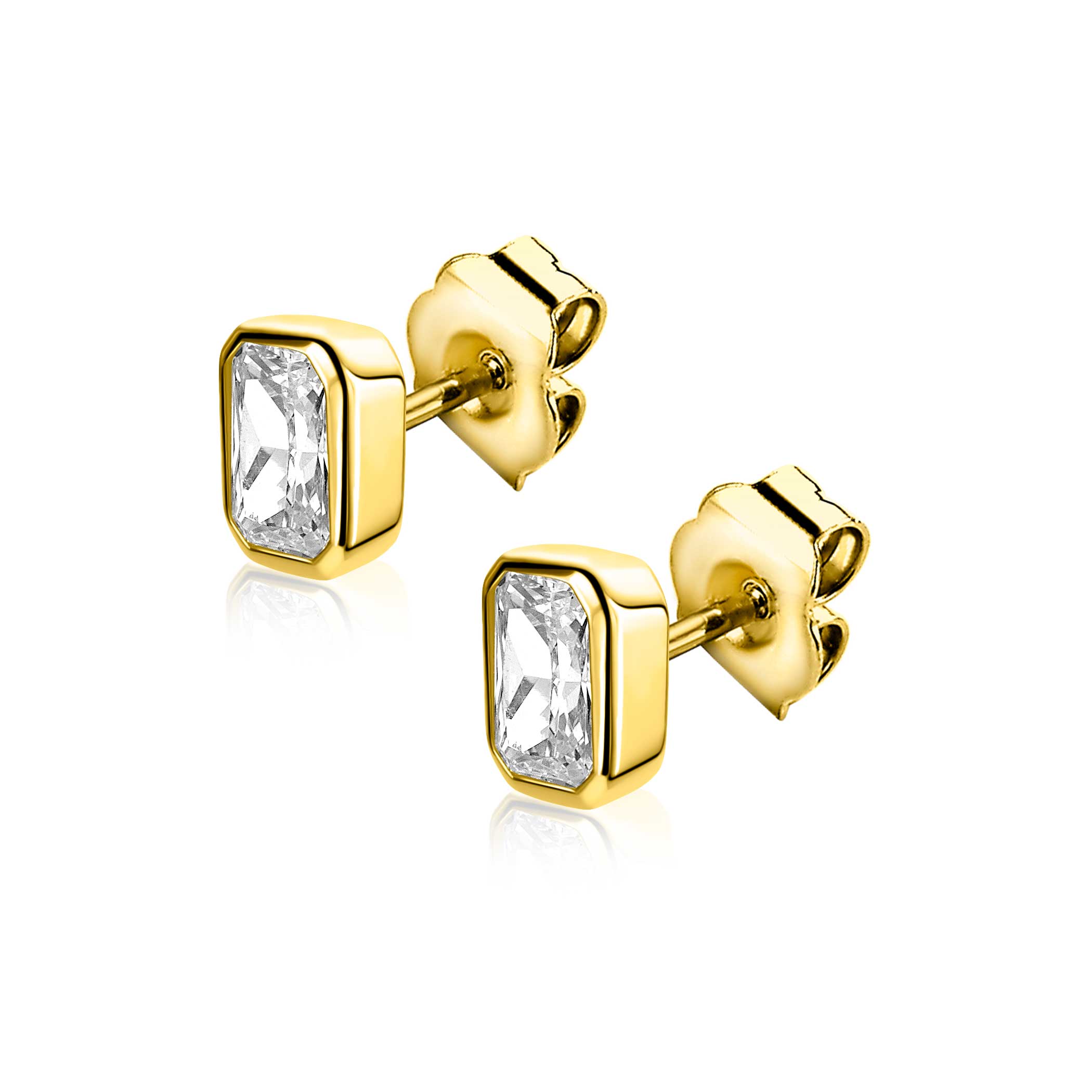 7mm ZINZI gold plated zilveren oorstekers met rechthoekige gladde kastzetting bezet met een witte zirkonia ZIO2899