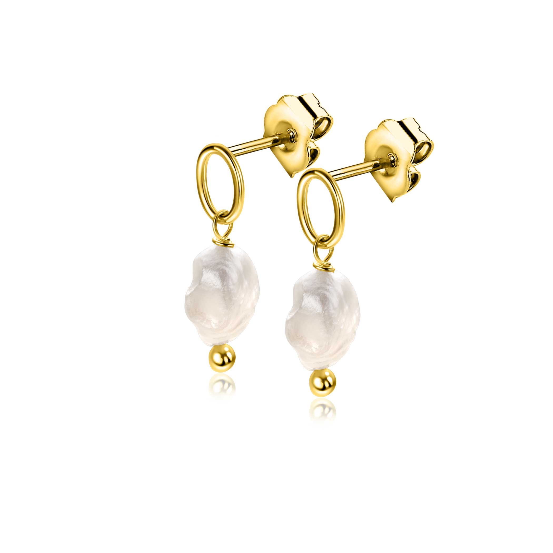 21mm ZINZI gold plated zilveren oorstekers met open gewerkt rondje, waaraan een witte zoetwaterparel bungelt ZIO-BF112G
