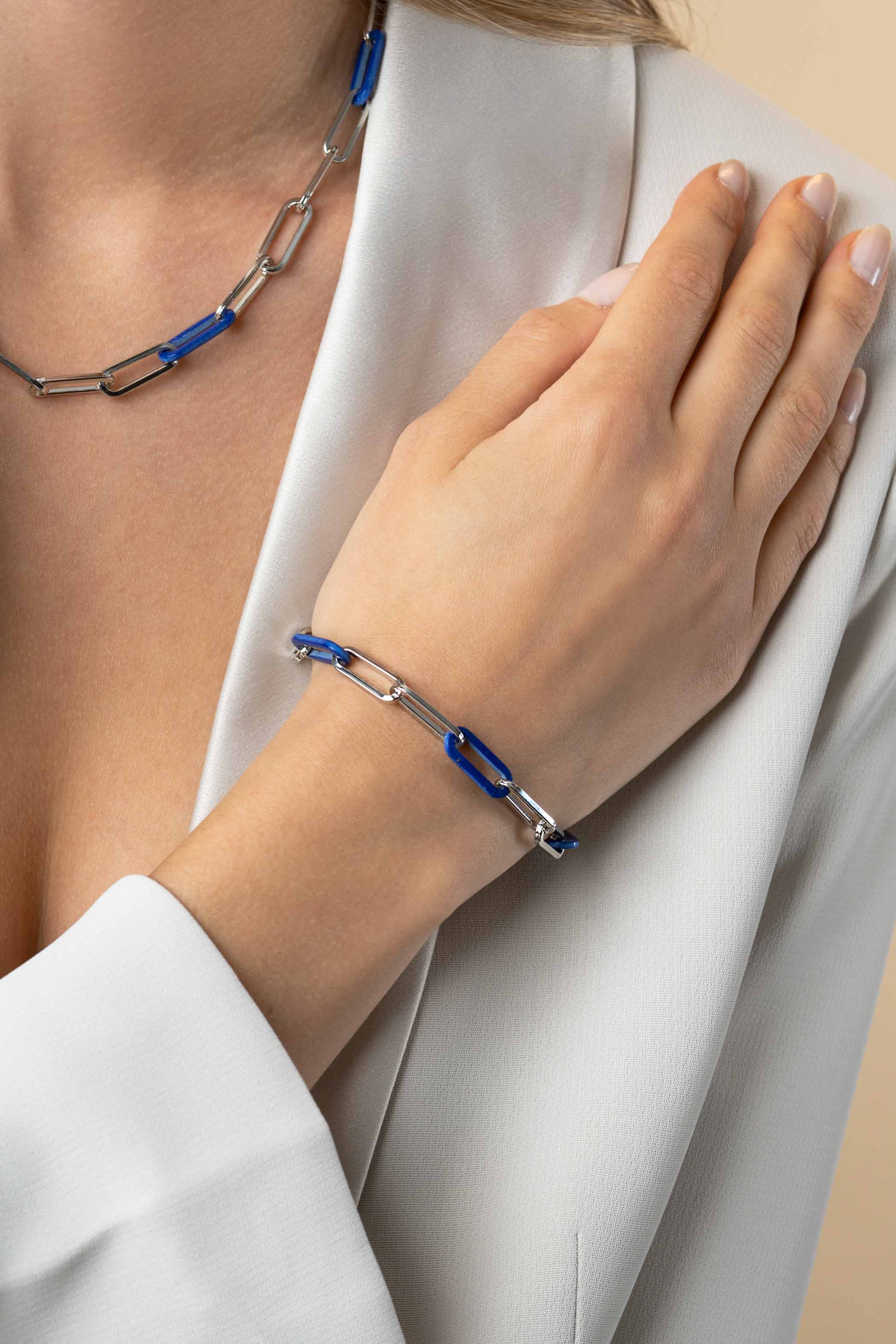 ZINZI zilveren armband met paperclip-schakels en drie trendy schakels in lapis blauw 19cm ZIA2549