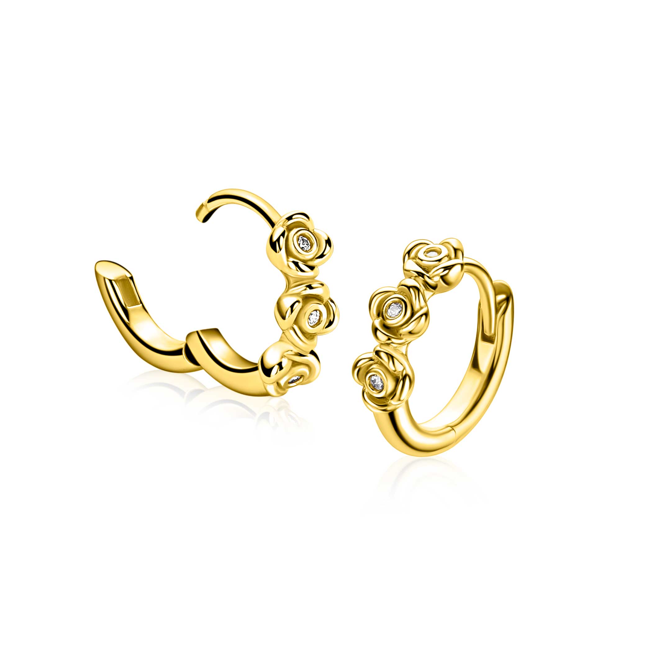 13mm ZINZI gold plated zilveren oorringen met drie roosjes, bezet met witte zirkonia’s, luxe klapsluiting ZIO2873Y