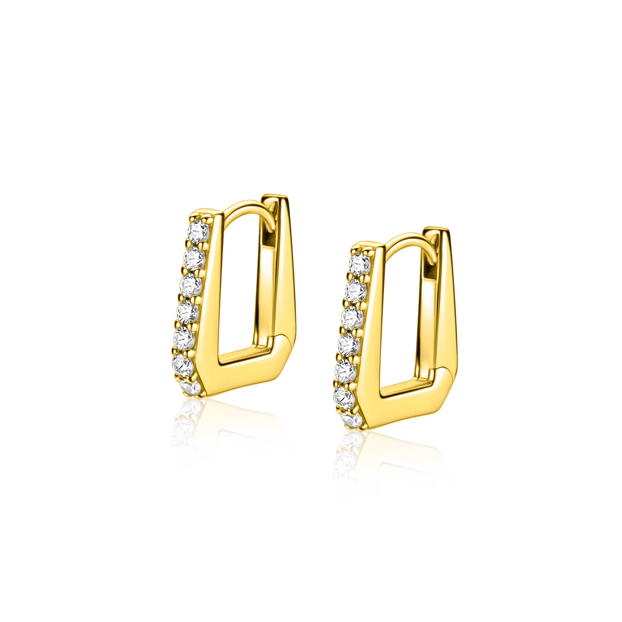 12mm ZINZI gold plated zilveren rechthoekige oorringen, strakke buis bezet met een rij witte zirkonia’s, luxe klapsluiting ZIO2878Y