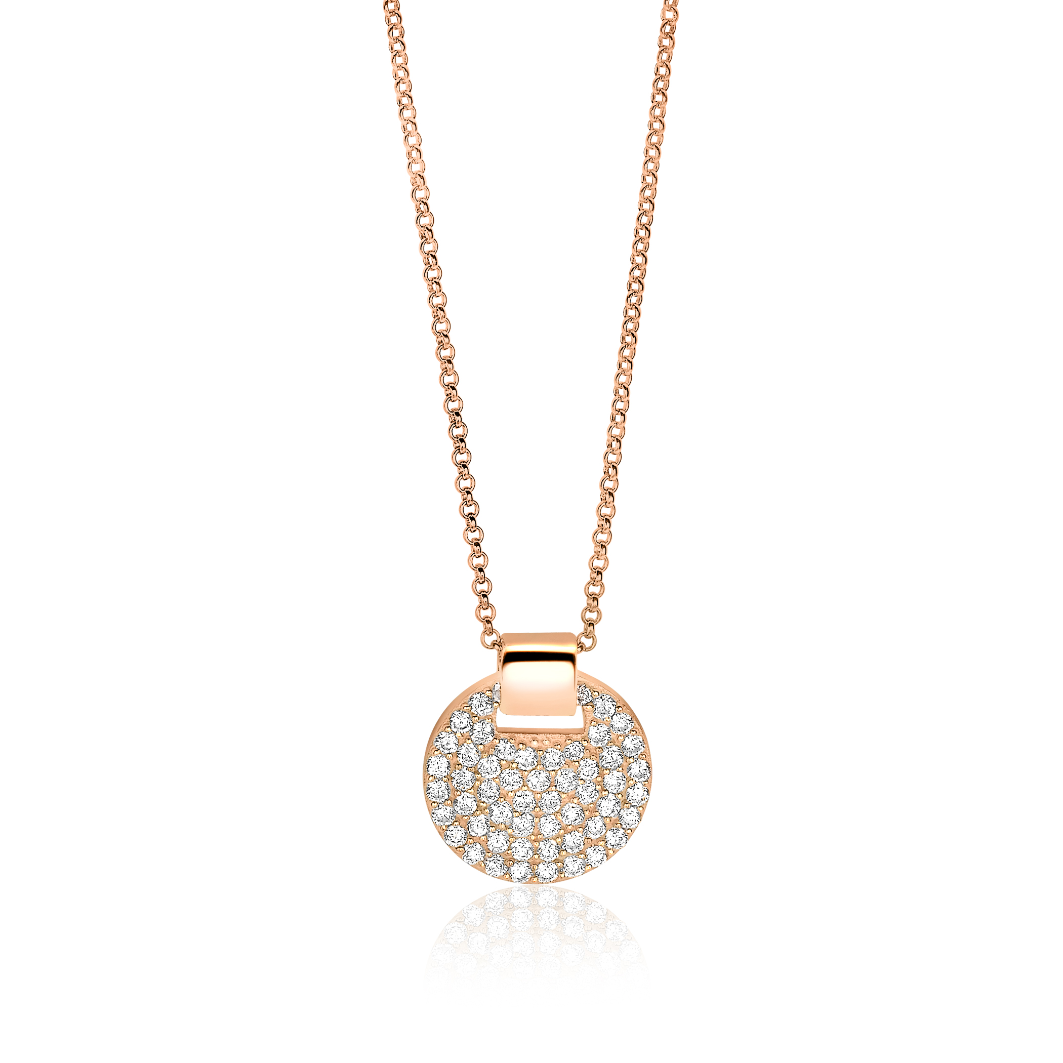 ZINZI zilveren ketting 45cm rosé verguld met hanger 17mm rond wit ZIC1592R