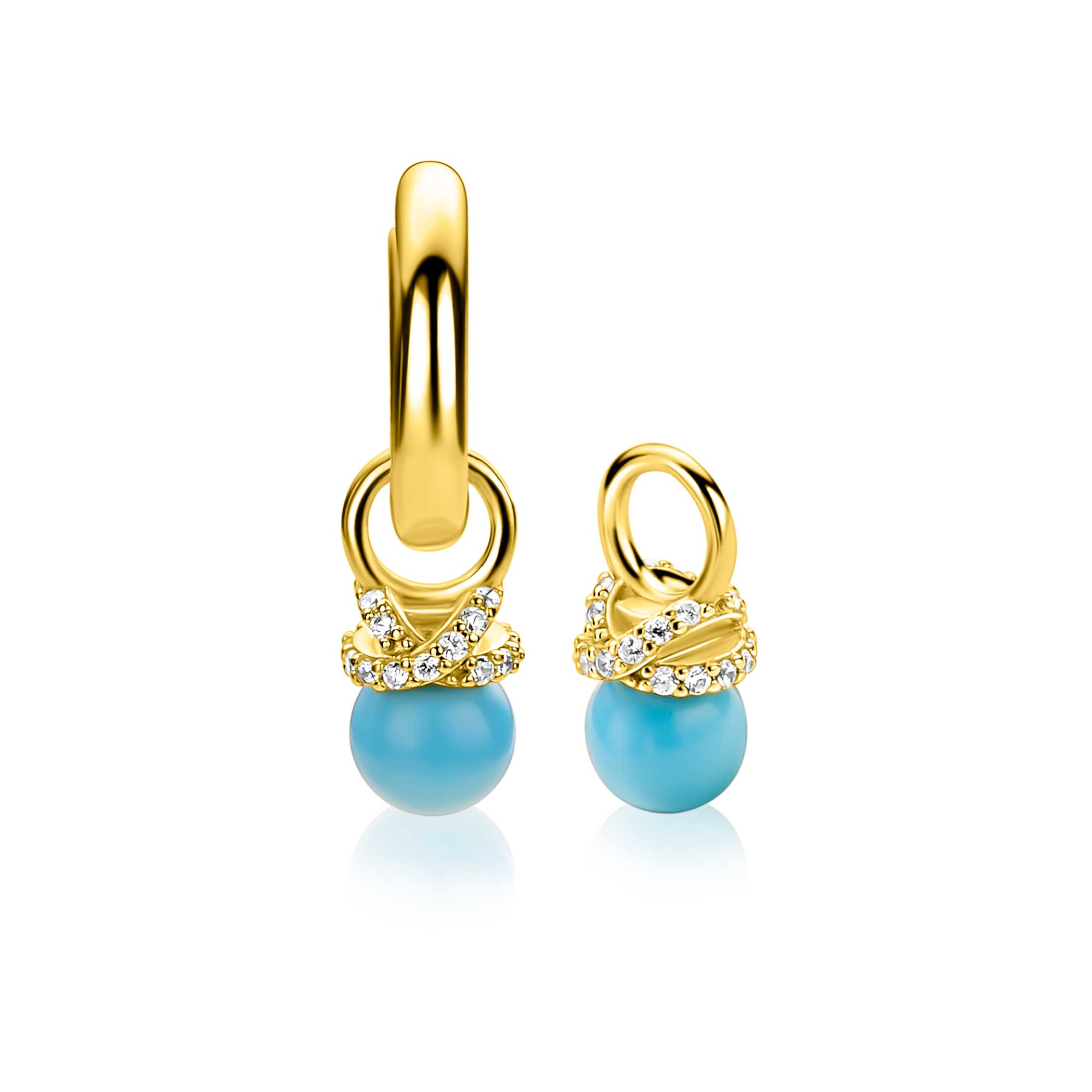 8mm ZINZI gold plated zilveren oorbedels met een turquoise parel en een strikvormige zetting bezet met witte zirkonia’s ZICH2863T (zonder oorringen)