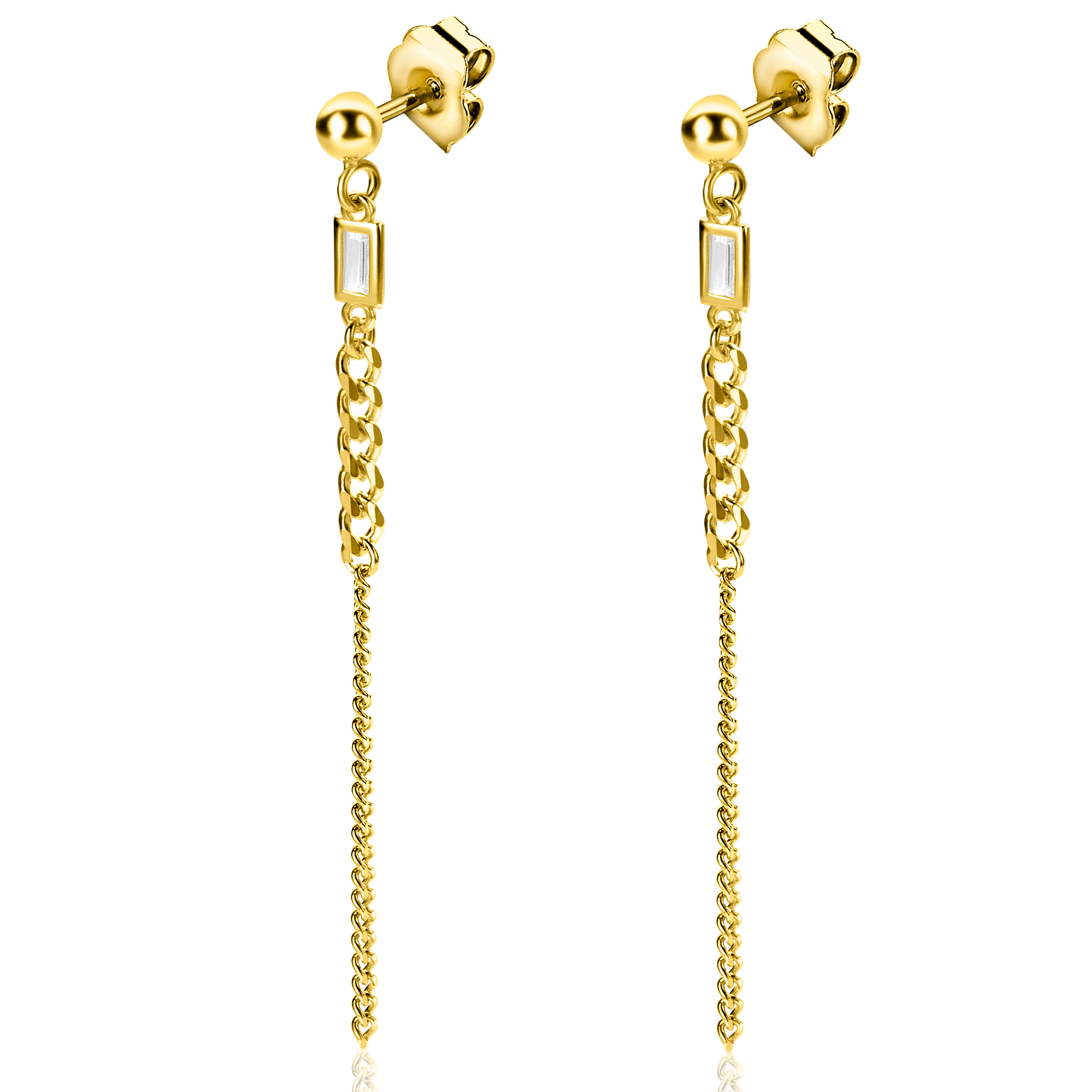 56mm ZINZI gold plated zilveren oorstekers met gourmet schakels en rechthoekige zetting met witte zirconia ZIO2410