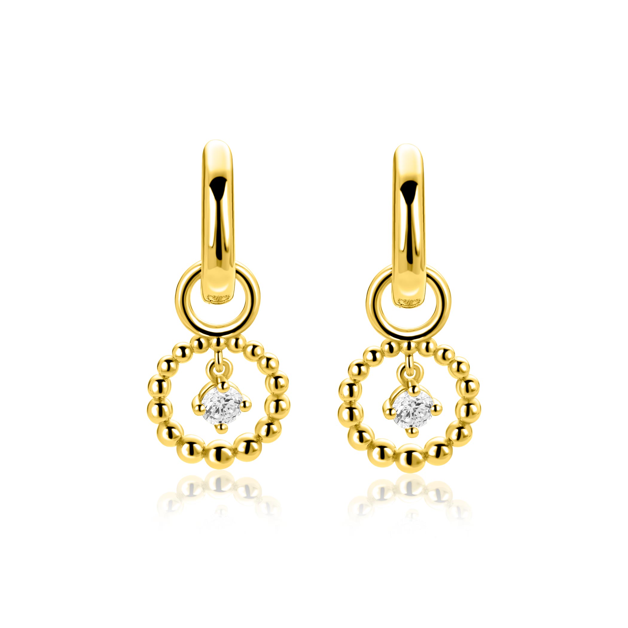10mm ZINZI goldplated zilveren oorbedels met bolletjes en bungelende witte zirkonia ZICH2816 (zonder oorringen)