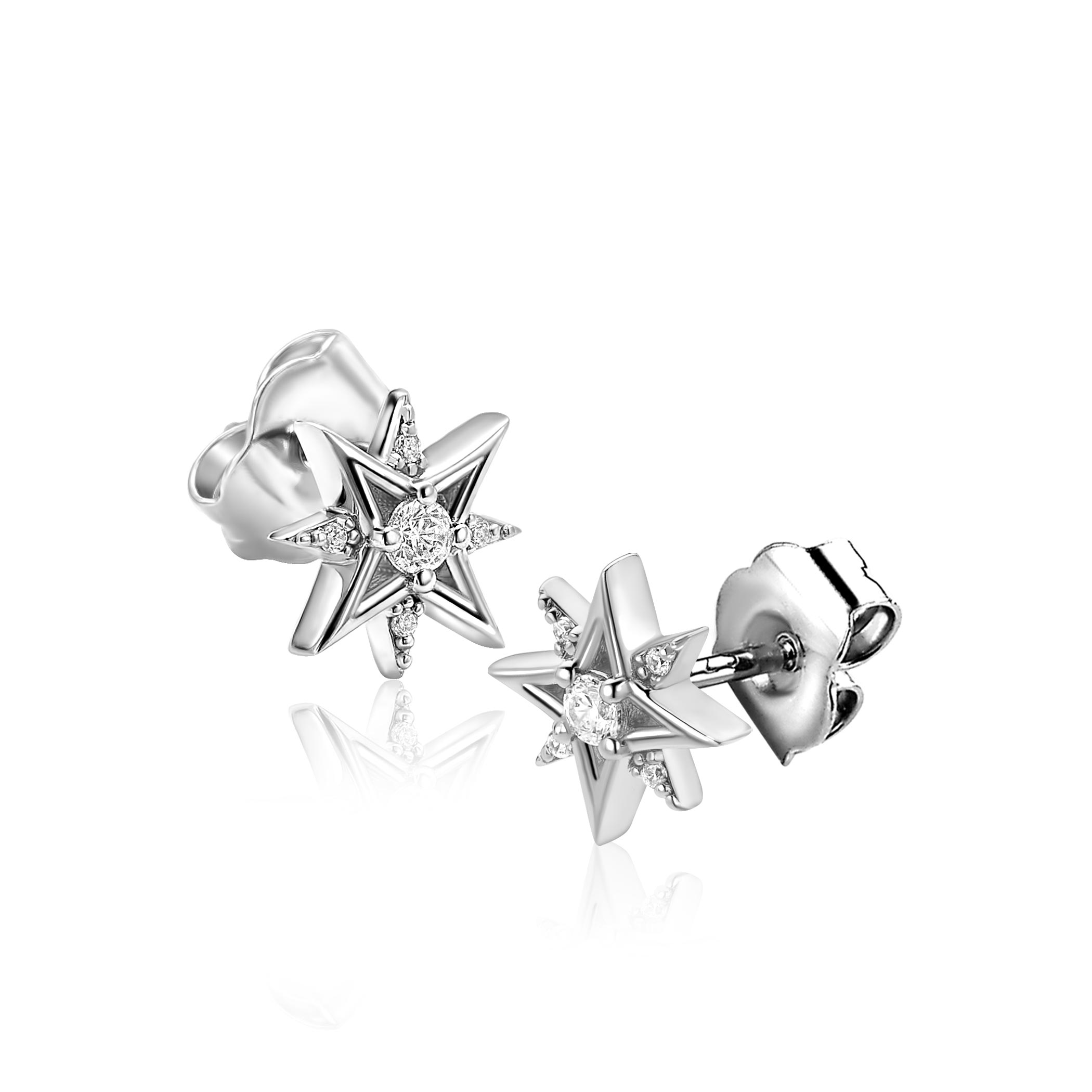 9mm ZINZI zilveren oorstekers met chique ster bezet met witte zirkonia’s ZIO2838