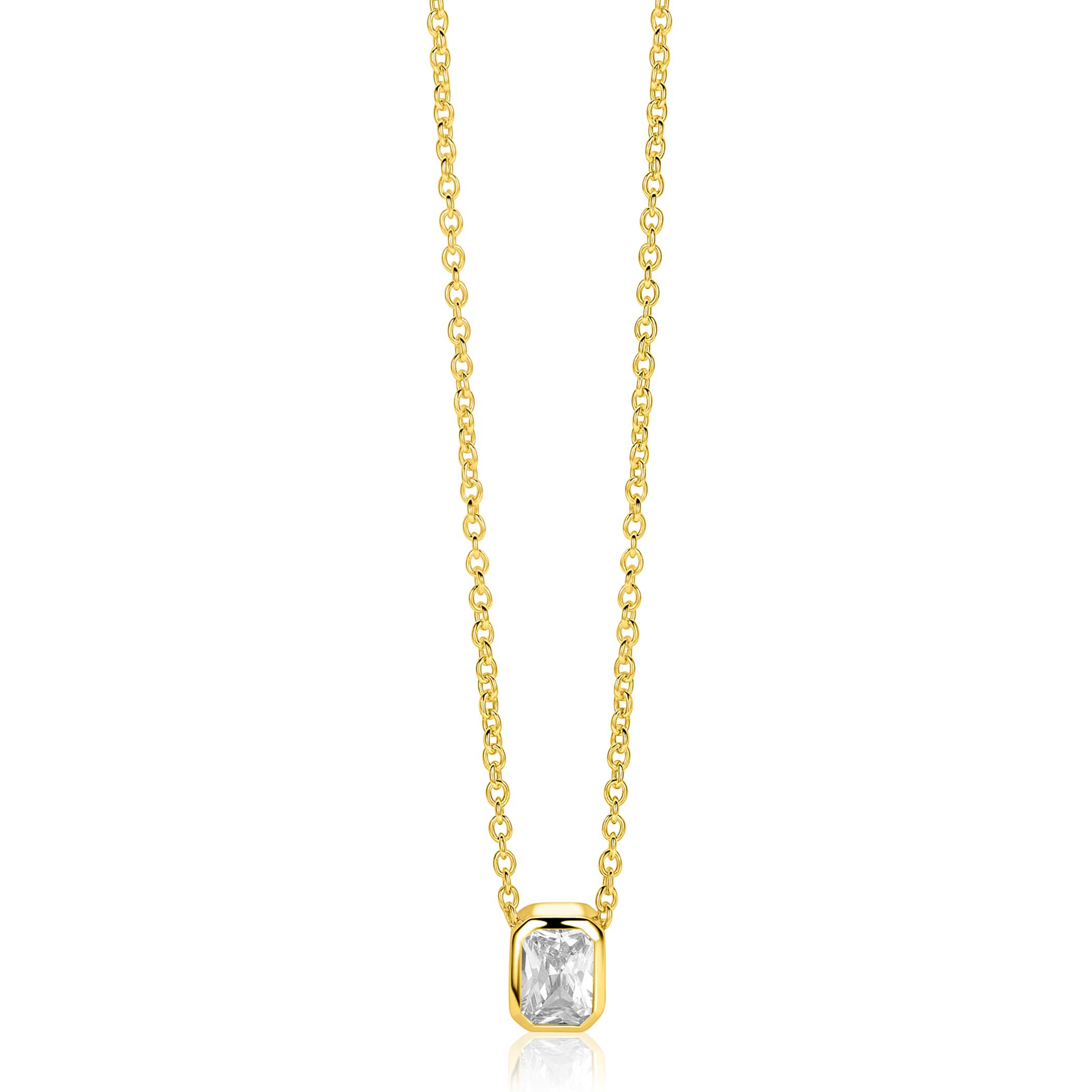 ZINZI gold plated zilveren collier 45cm met een rechthoekige gladde kastzetting (9mm), bezet met een witte zirkonia ZIC2899