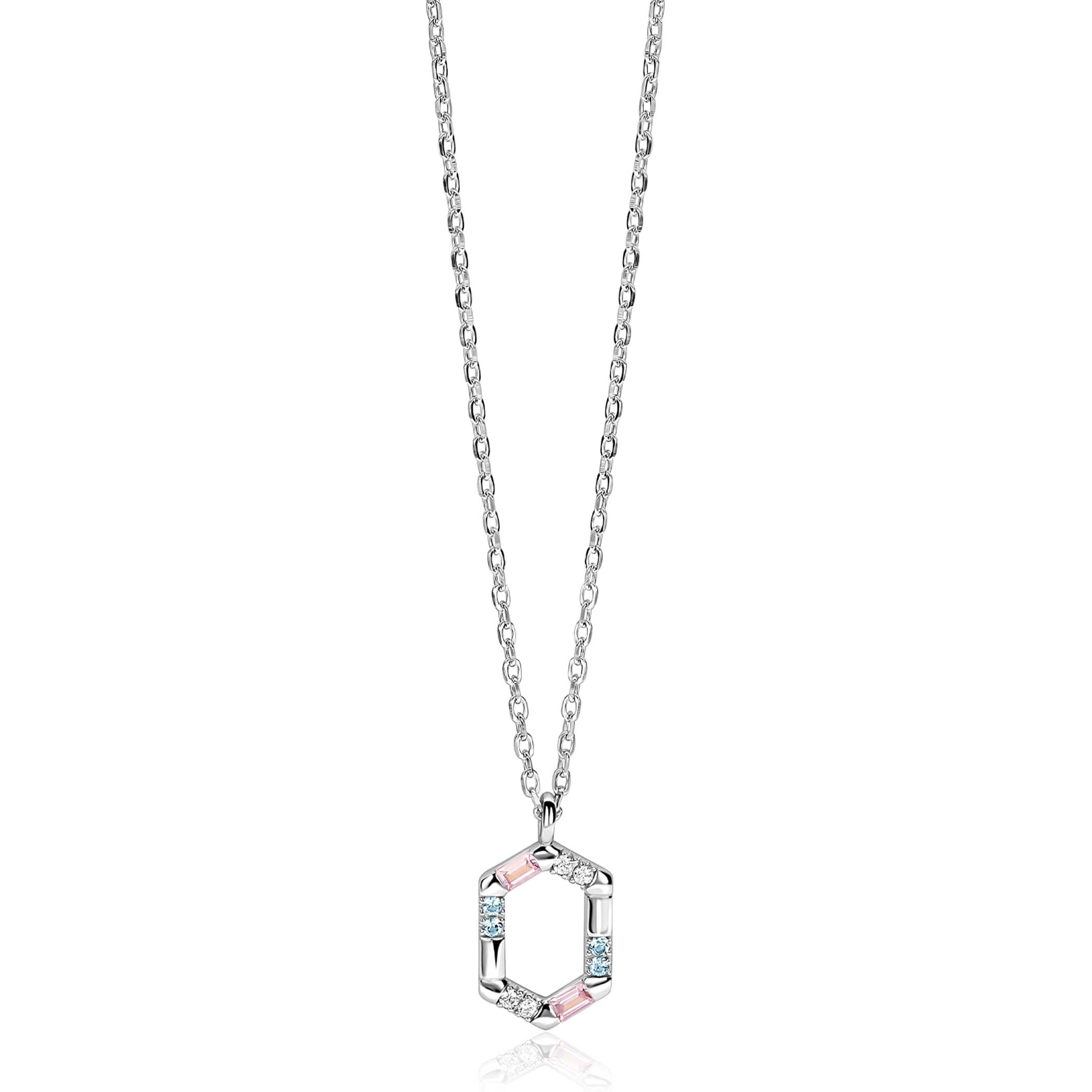 ZINZI zilveren ketting met zeshoekige hanger (18mm) bezet met witte, roze en lichtblauwe kleurstenen 42-45cm ZIC2868