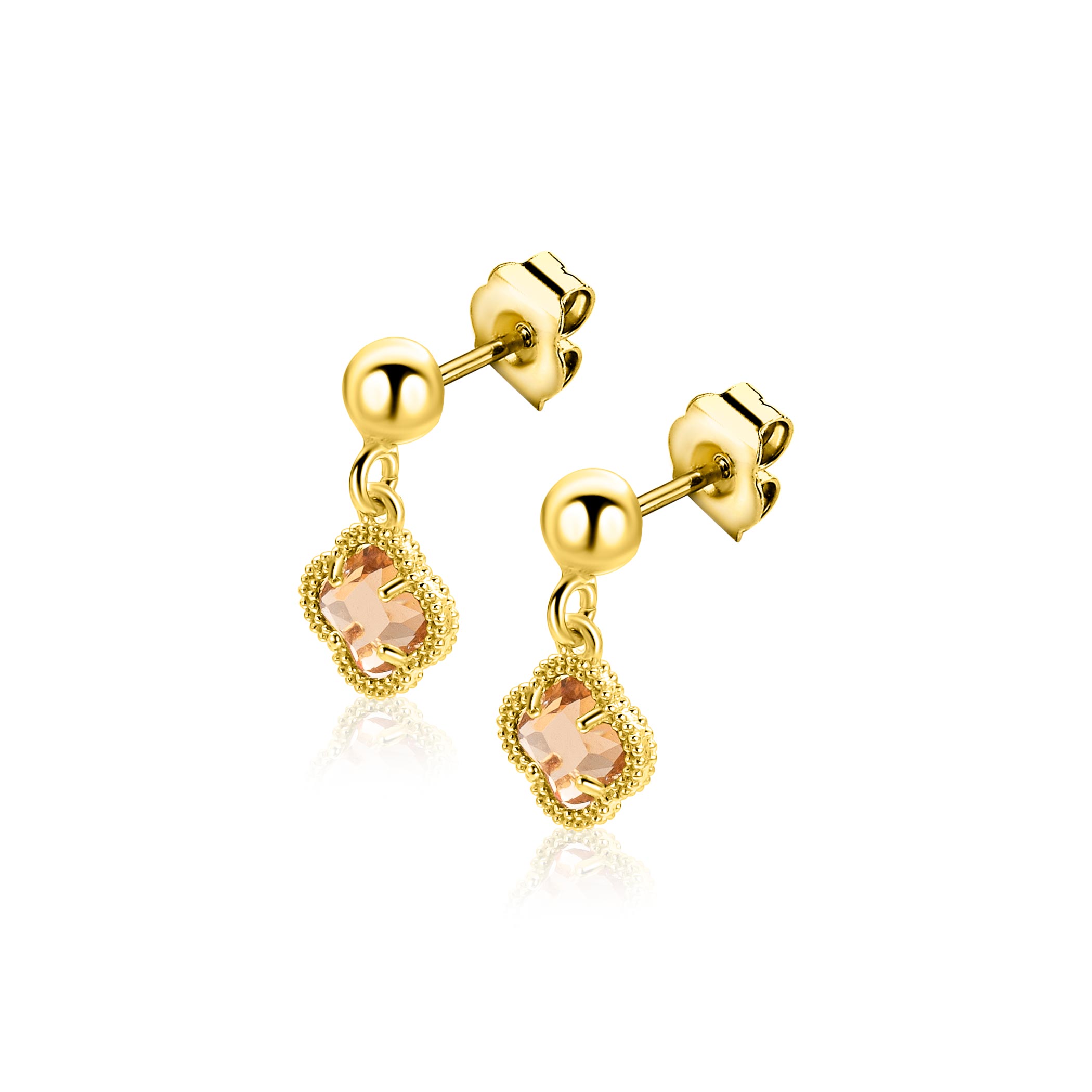 14mm ZINZI gold plated zilveren oorstekers met licht bruine klavers 7mm ZIO2905C