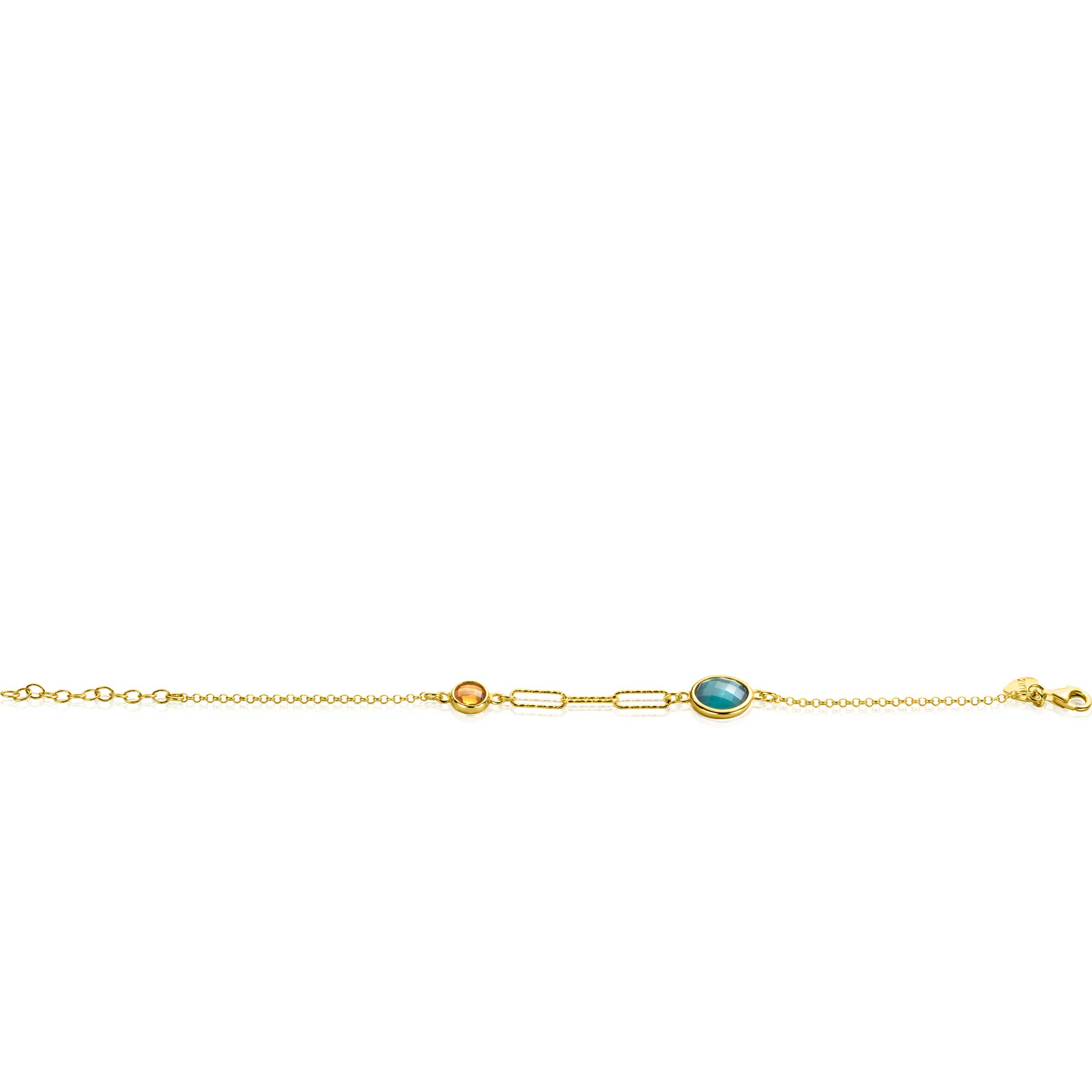 ZINZI gold plated zilveren armband met twee ronde zettingen bezet met smaragd groene en citrien donkergele kleurstenen en drie trendy paperclip-schakels 16-19cm ZIA2418G