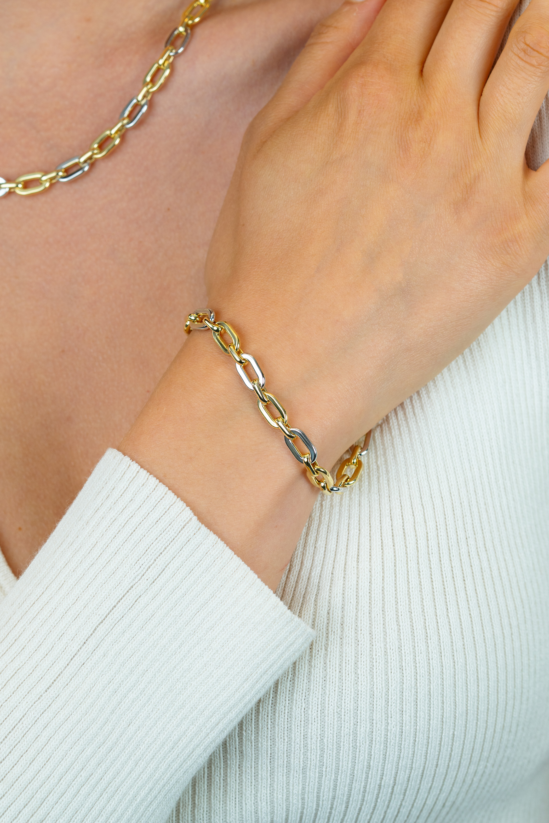 ZINZI gold plated zilveren schakelarmband met bicolor rechthoekige schakels (6,5mm breed) ZIA2757