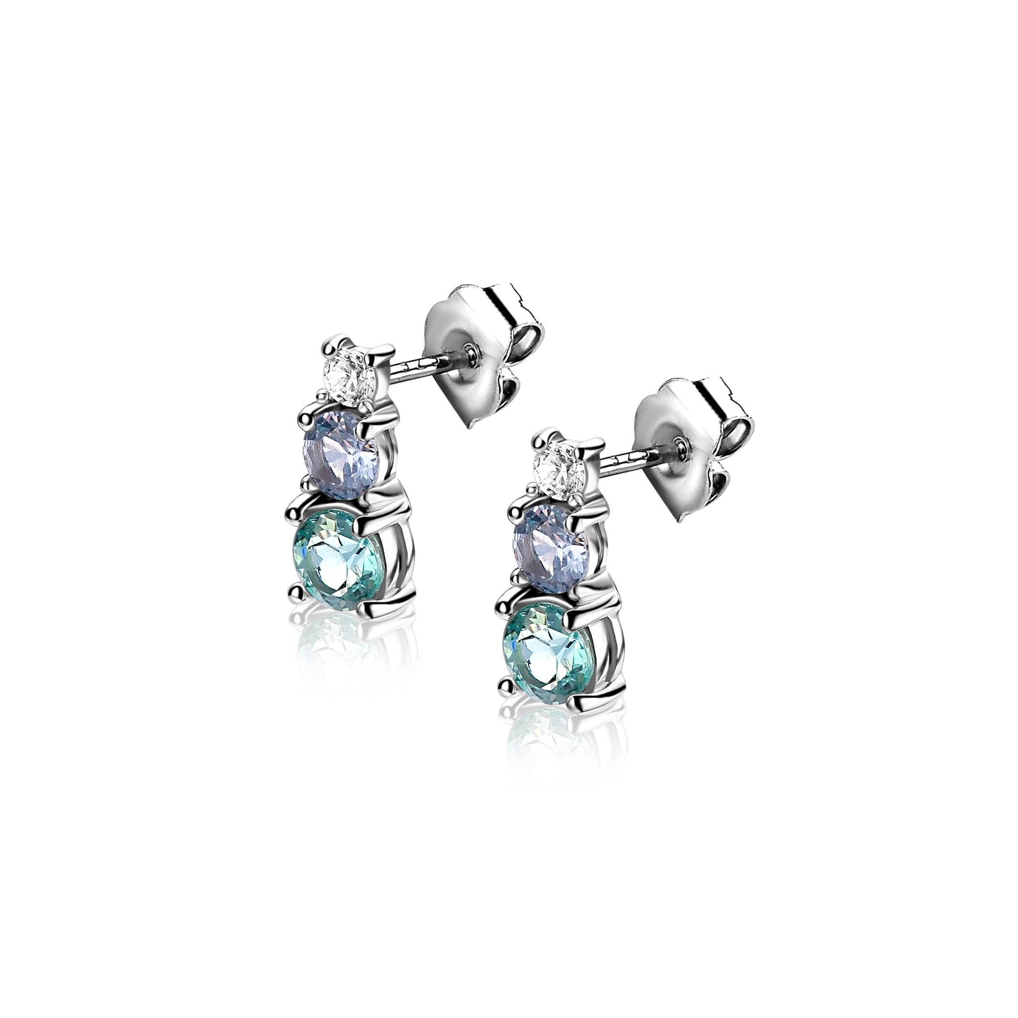 10mm ZINZI zilveren oorknoppen bezet met witte, blauwe en petrol blauwe zirkonia's ZIO-BF143