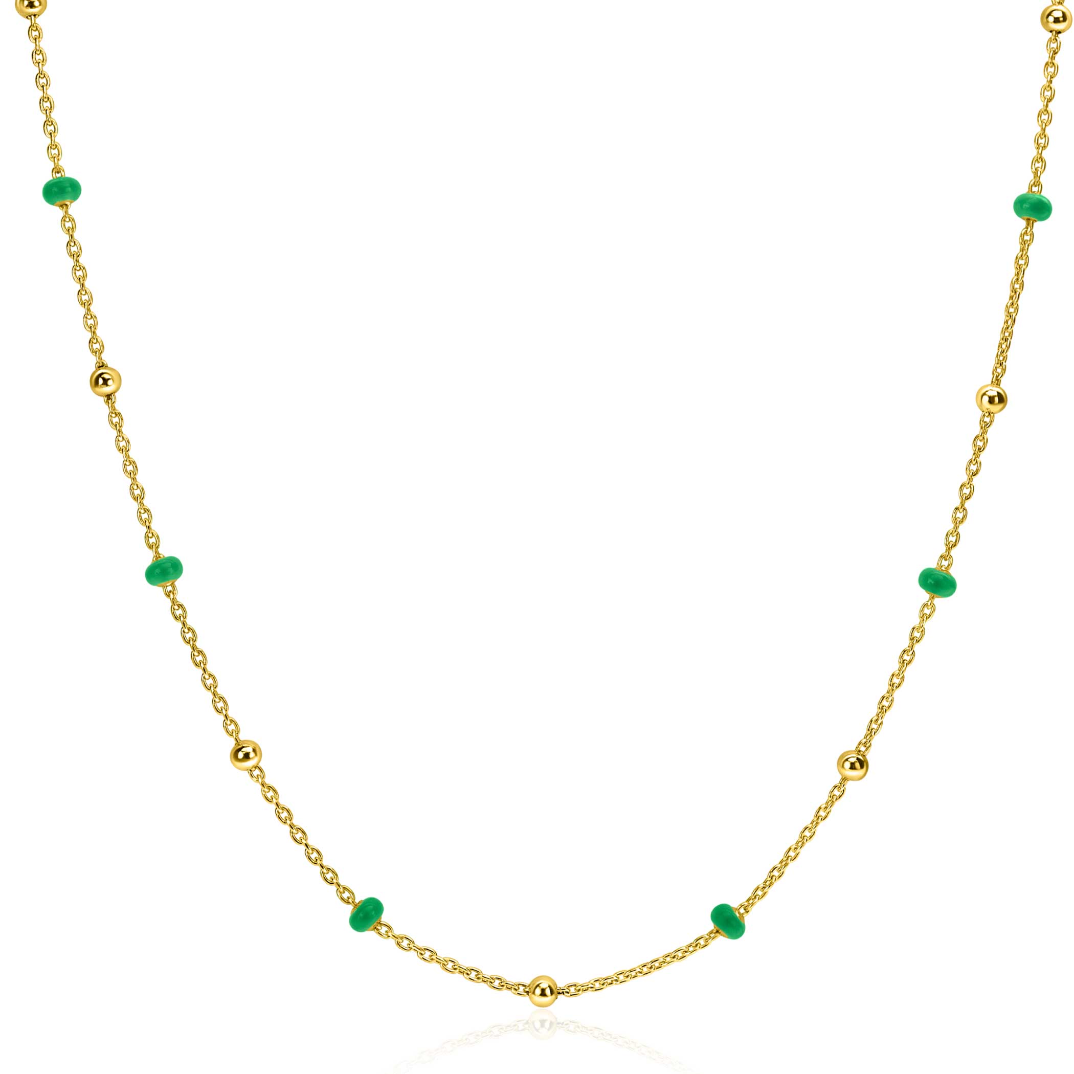 ZINZI gold plated zilveren fantasie ketting met 13 groene donuts en glanzende bolletjes 42-45cm ZIC2509