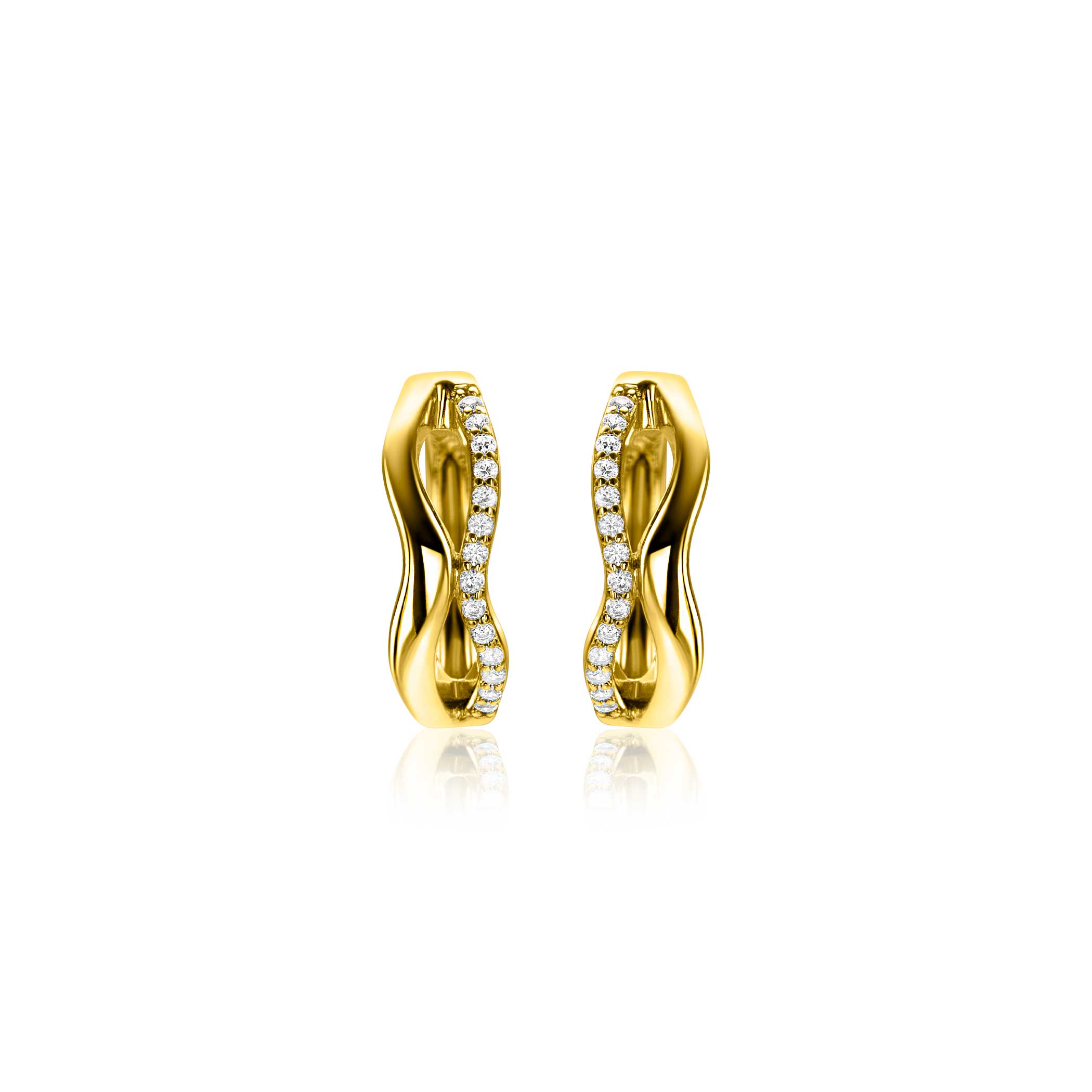 15mm ZINZI gold plated zilveren oorringen organisch gevormd met twee golvende banen, waarvan één bezet met witte zirconia's, met luxe klapsluiting ZIO2629Y