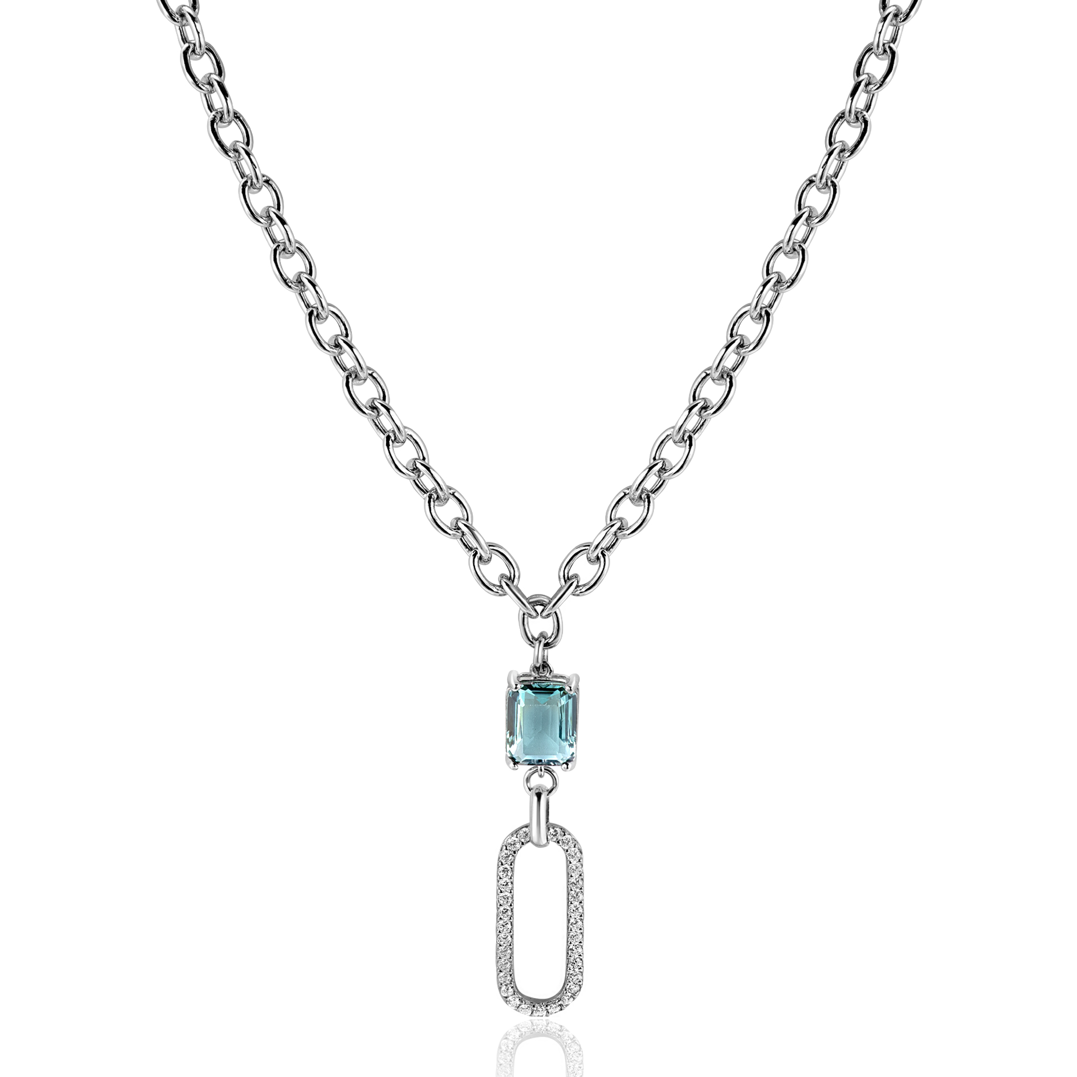 ZINZI zilveren  ovale schakel ketting 45cm met luxe hanger met ovale schakel, bezet met witte zirconia's. En groenachtig blauwe (petrol) kleursteen in vierpootszetting ZIC2487