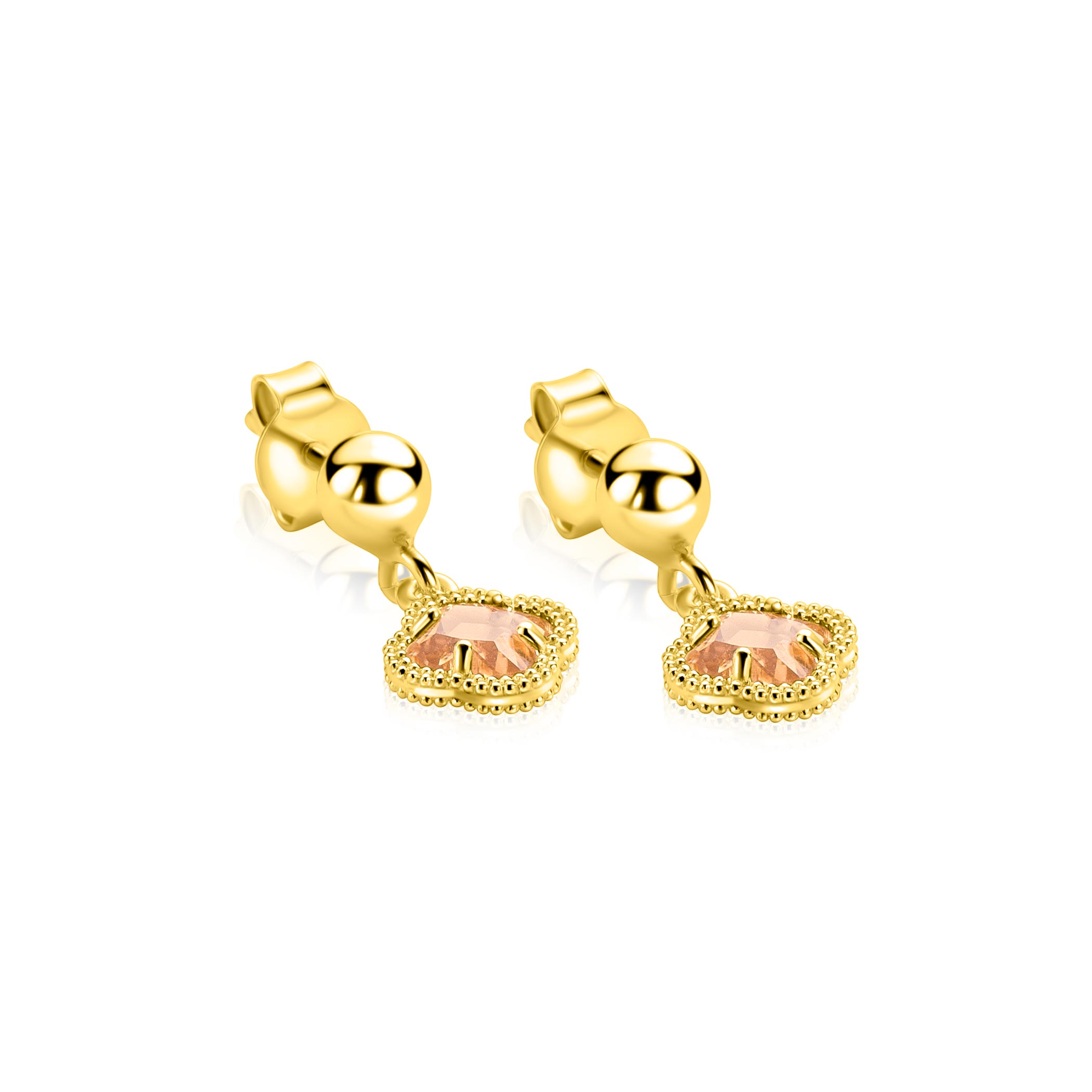 14mm ZINZI gold plated zilveren oorstekers met licht bruine klavers 7mm ZIO2905C