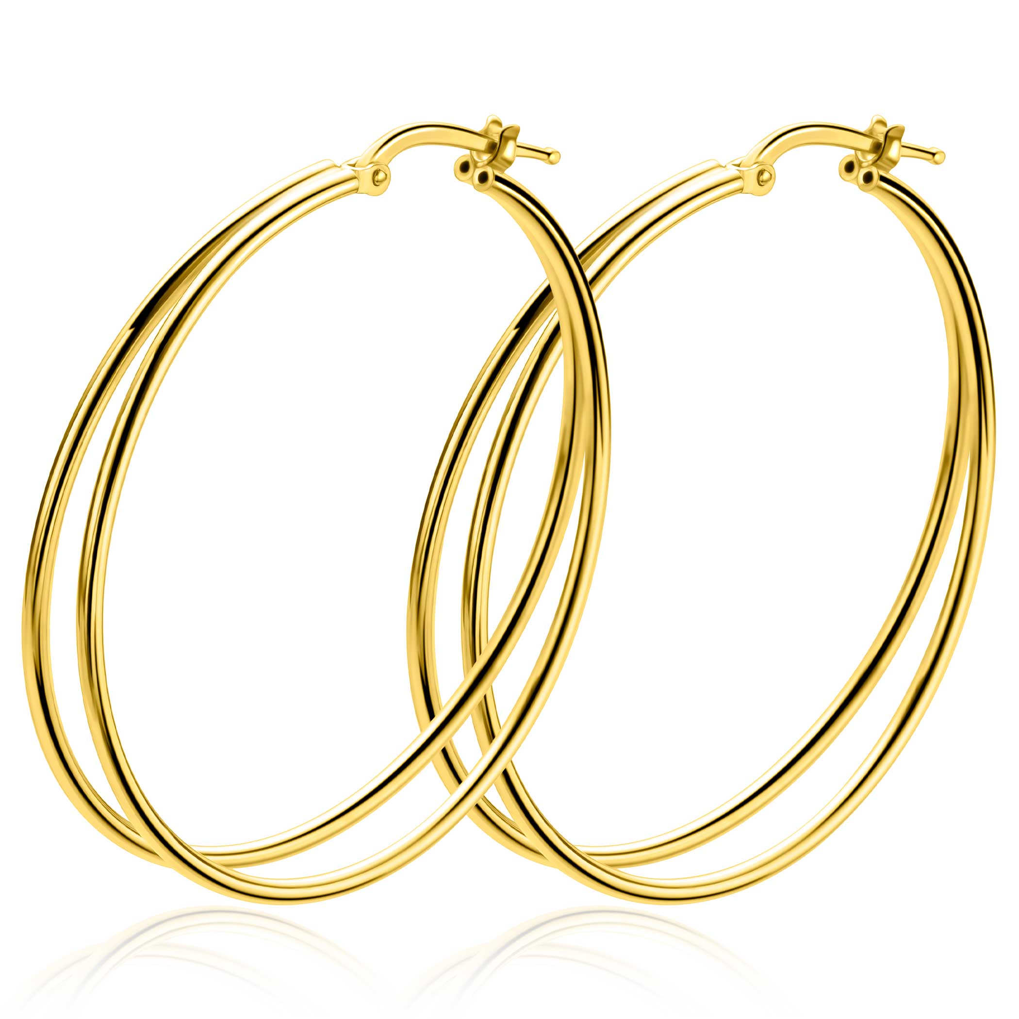 43mm ZINZI grote gold plated zilveren multi-look oorringen met dubbele buis. Met gemakkelijke bovensluiting ZIO2859G