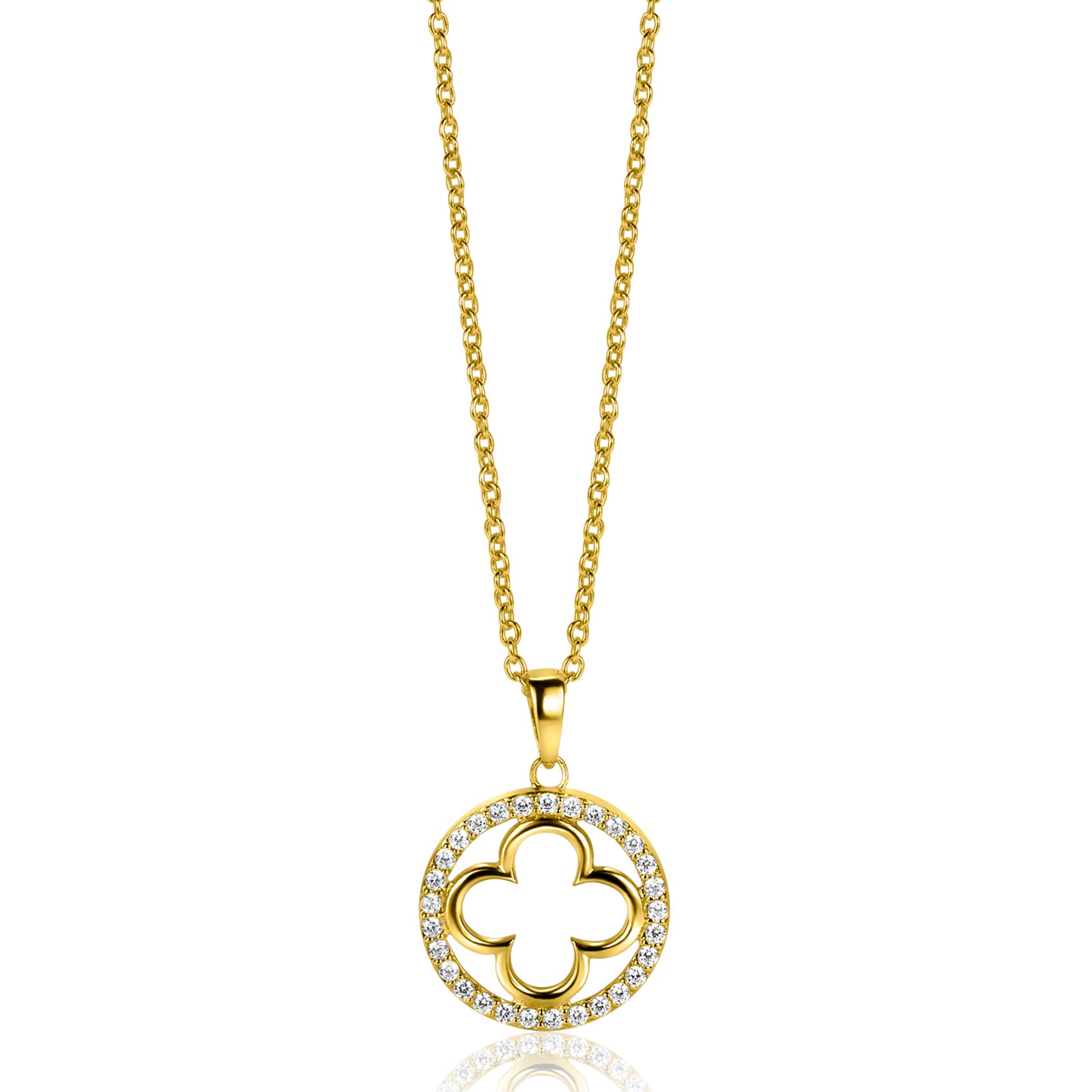 ZINZI gold plated zilveren anker ketting met luxe klaver hanger (15mm) rondom bezet met witte zirconia's 45-48cm ZIC2617Y