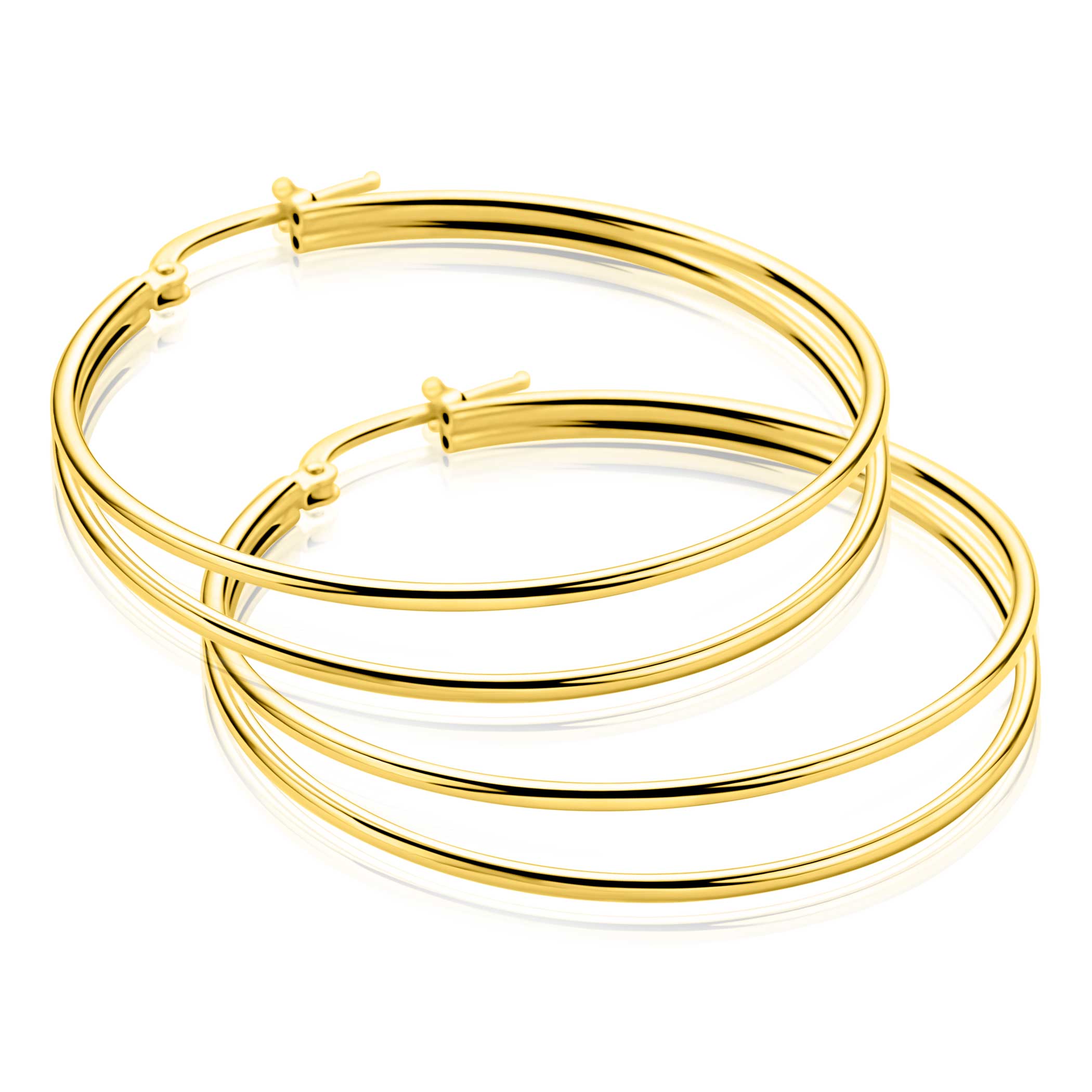 43mm ZINZI grote gold plated zilveren multi-look oorringen met dubbele buis. Met gemakkelijke bovensluiting ZIO2859G