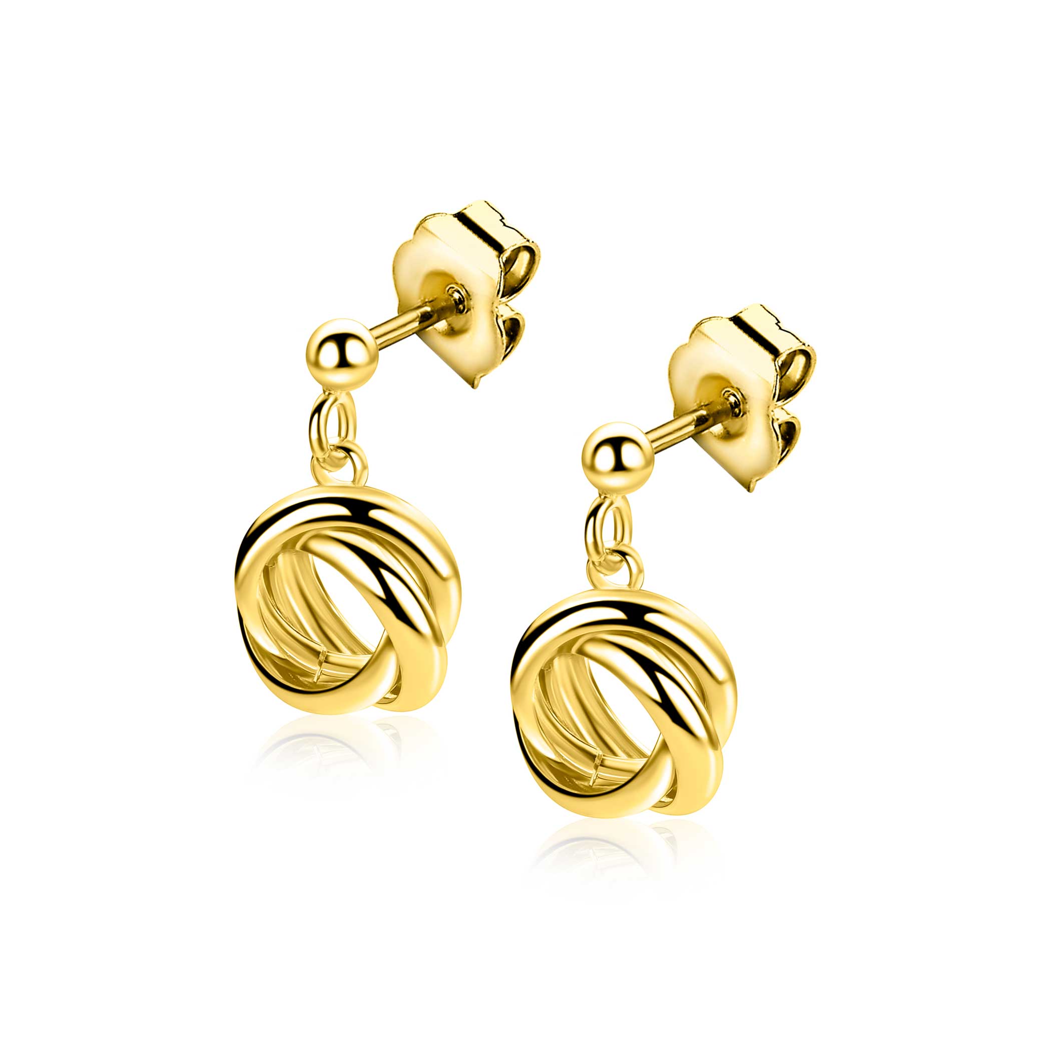 17mm ZINZI gold plated zilveren oorstekers met drie verbonden ringen (knoop-stijl) ZIO2890G