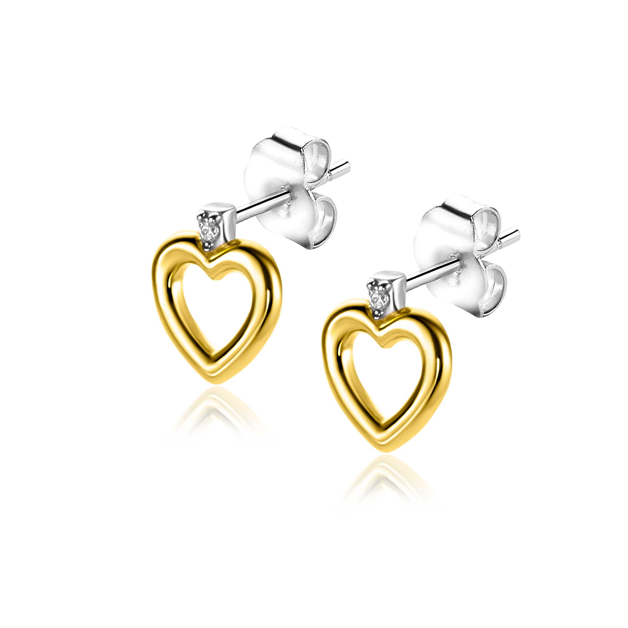 9mm ZINZI gold plated zilveren oorstekers open hartje witte zirconia ZIO2566