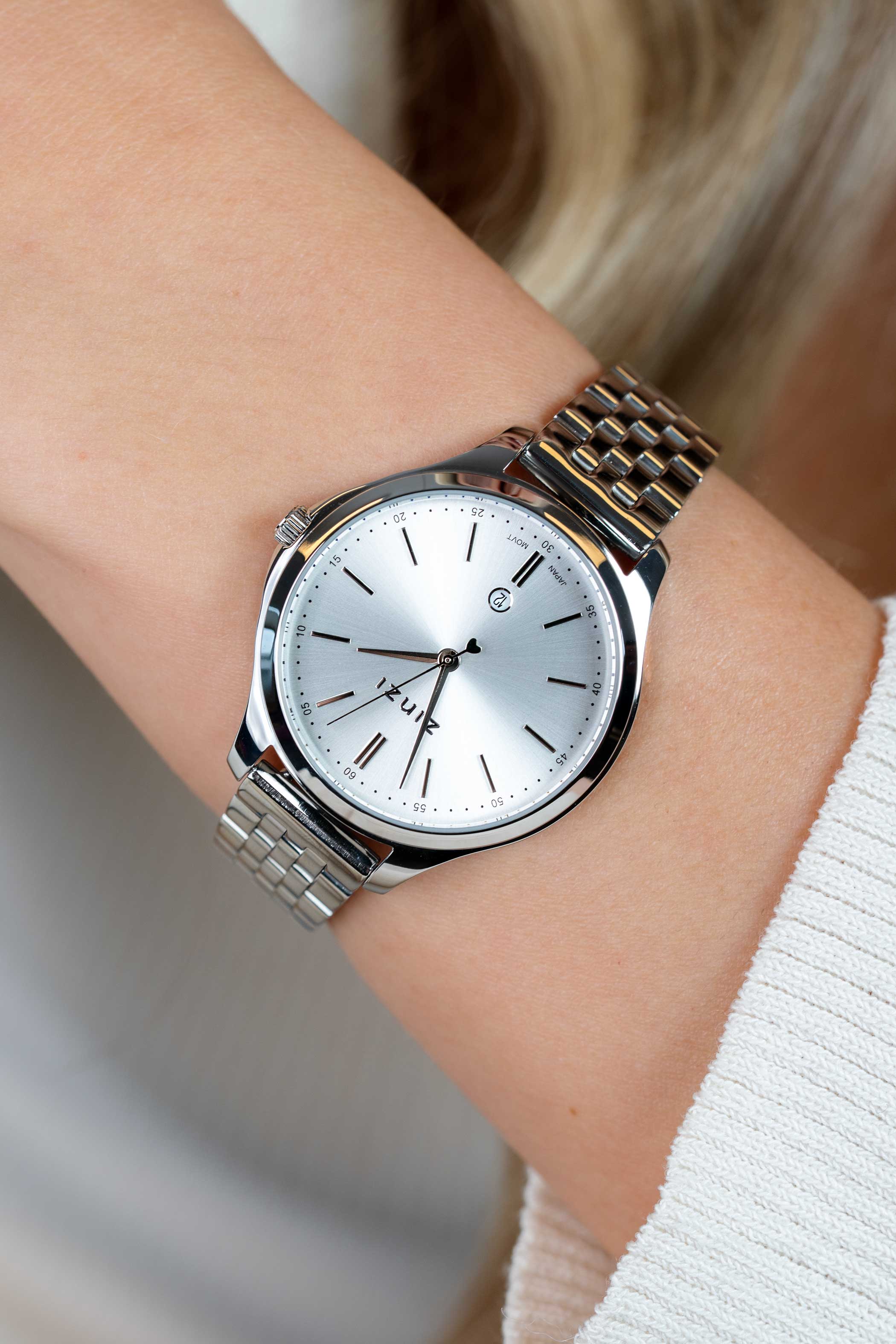 ZINZI Classy horloge 34mm zilverkleurige wijzerplaat stalen kast en band datum ziw1002
