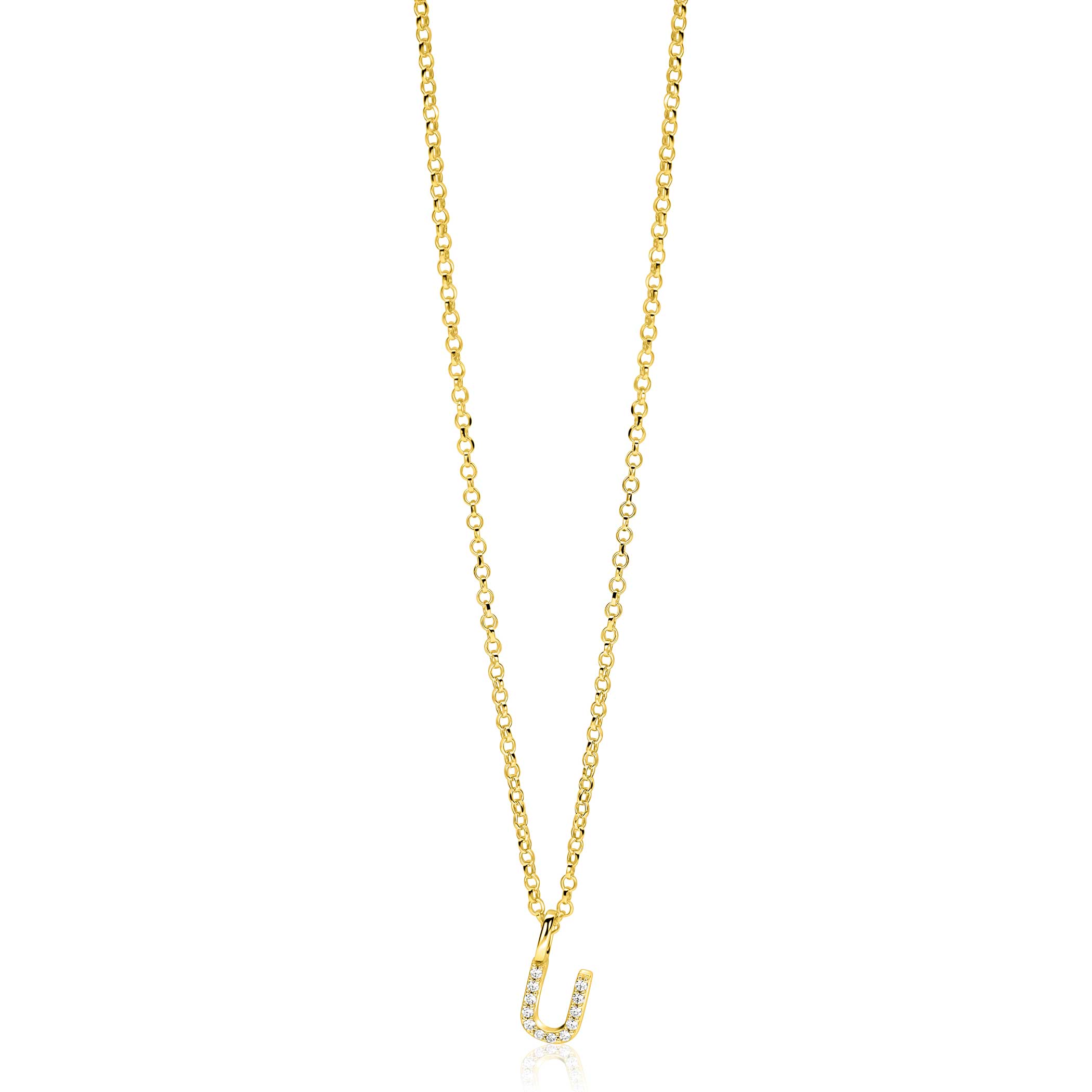 ZINZI gold plated zilveren letter hanger U bezet met witte zirkonia's ZIH2828-U (zonder ketting)