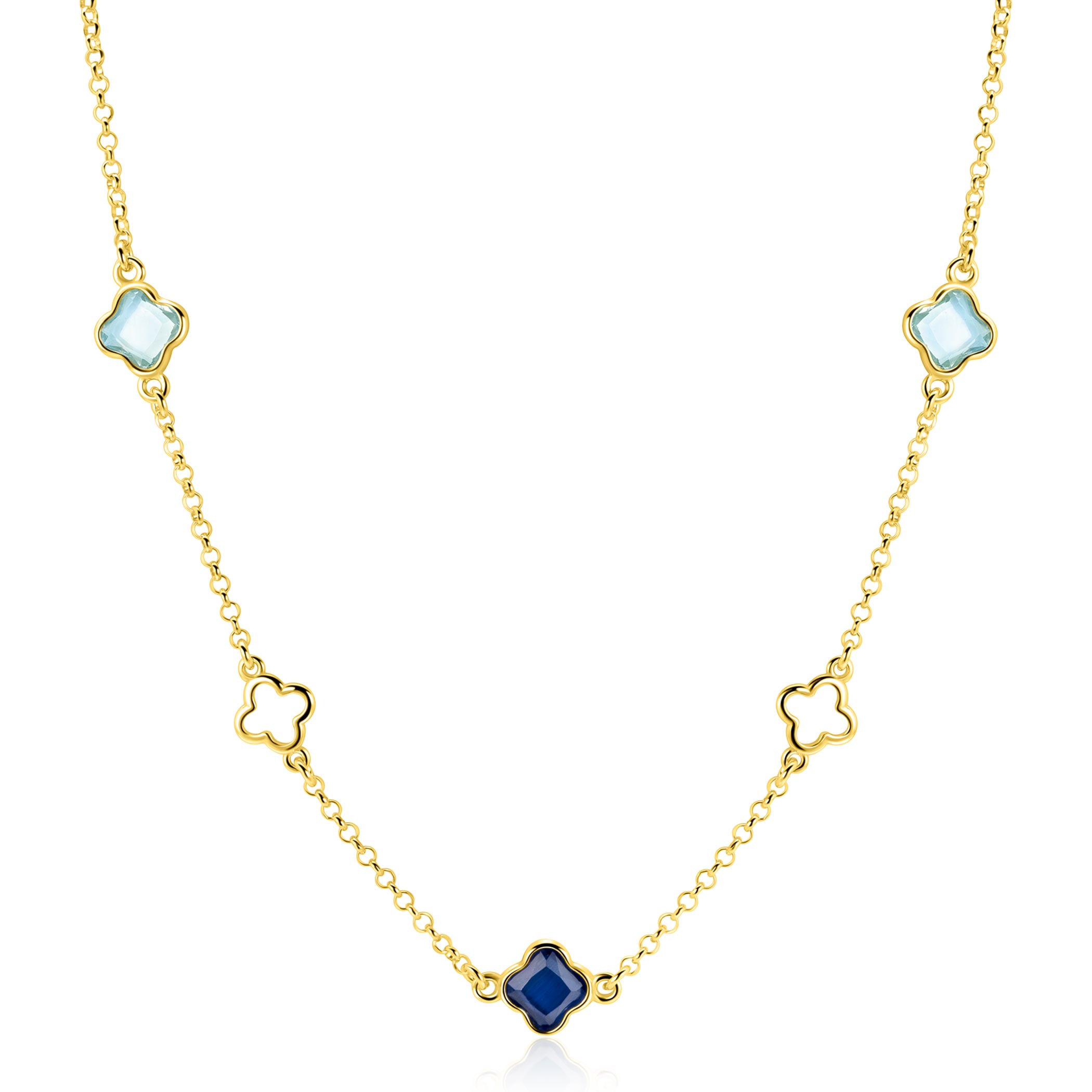 ZINZI gold plated zilveren schakelketting met twee licht blauwe klavers en een saffier blauwe klaver 40-45cm ZIC2906