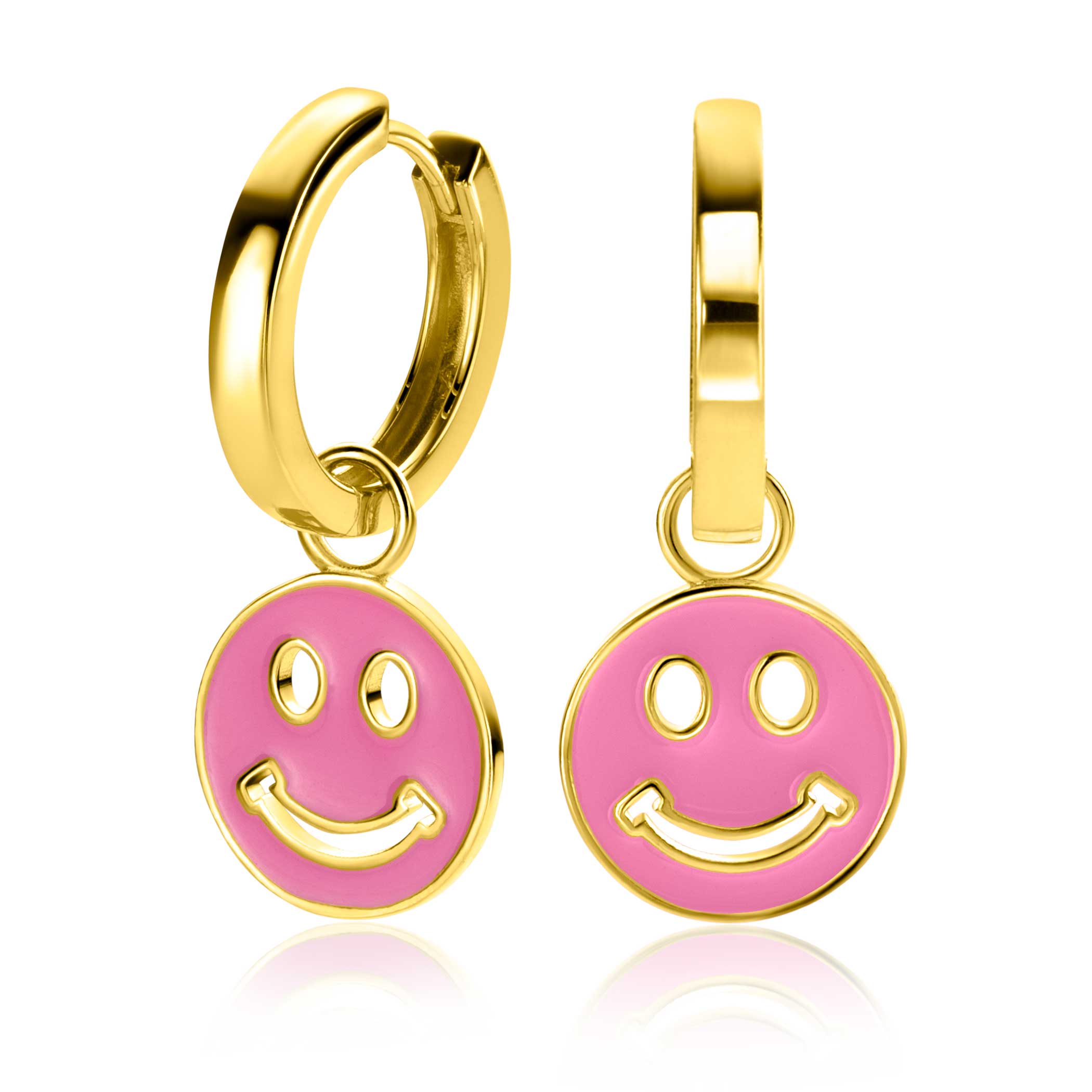 15mm ZINZI gold plated zilveren ronde smiley oorbedels, bezet met trendy roze emaille ZICH2312R (zonder oorringen)