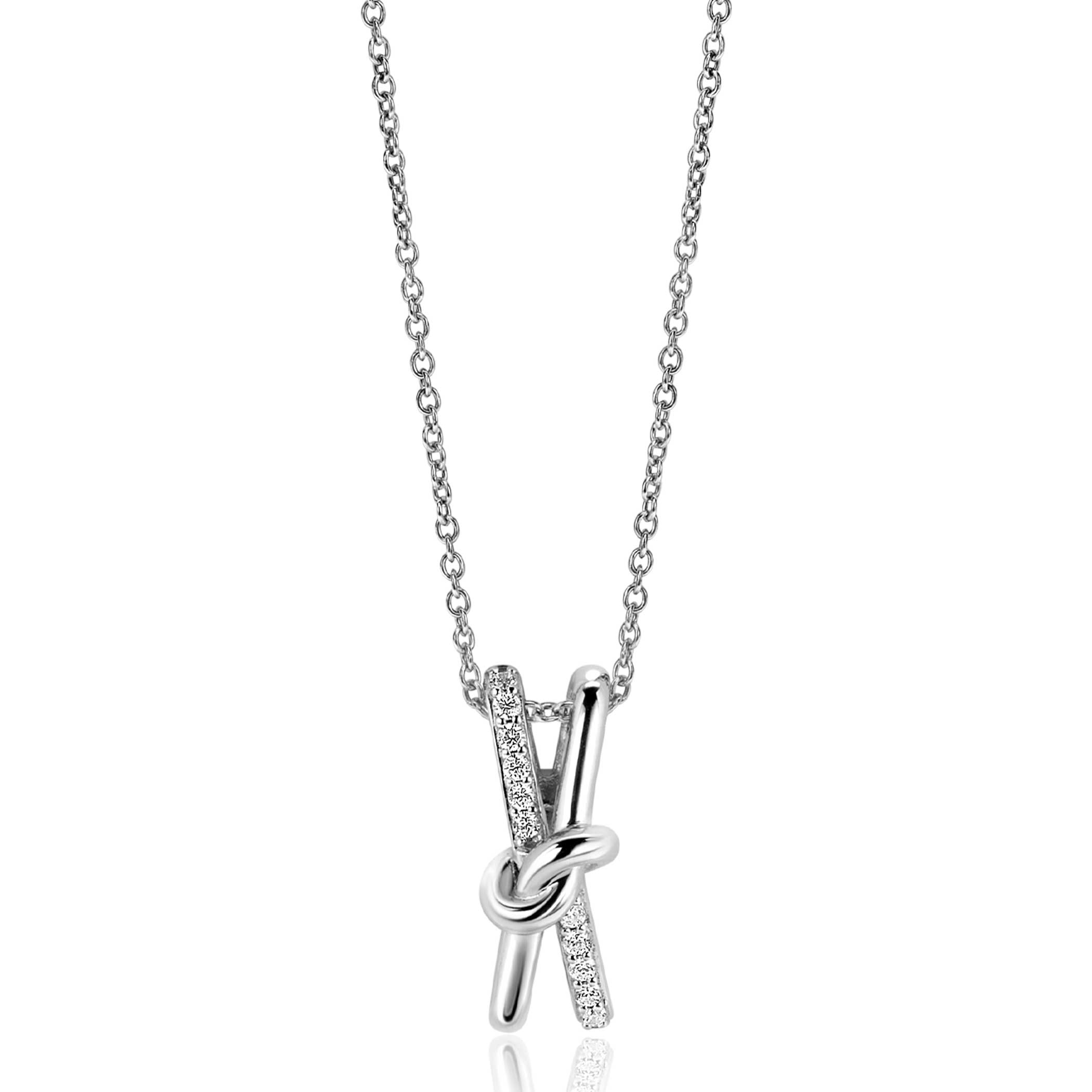 45cm ZINZI zilveren ketting met cross-over hanger 19mm met knoop, bezet met witte zirconia's ZIC2505