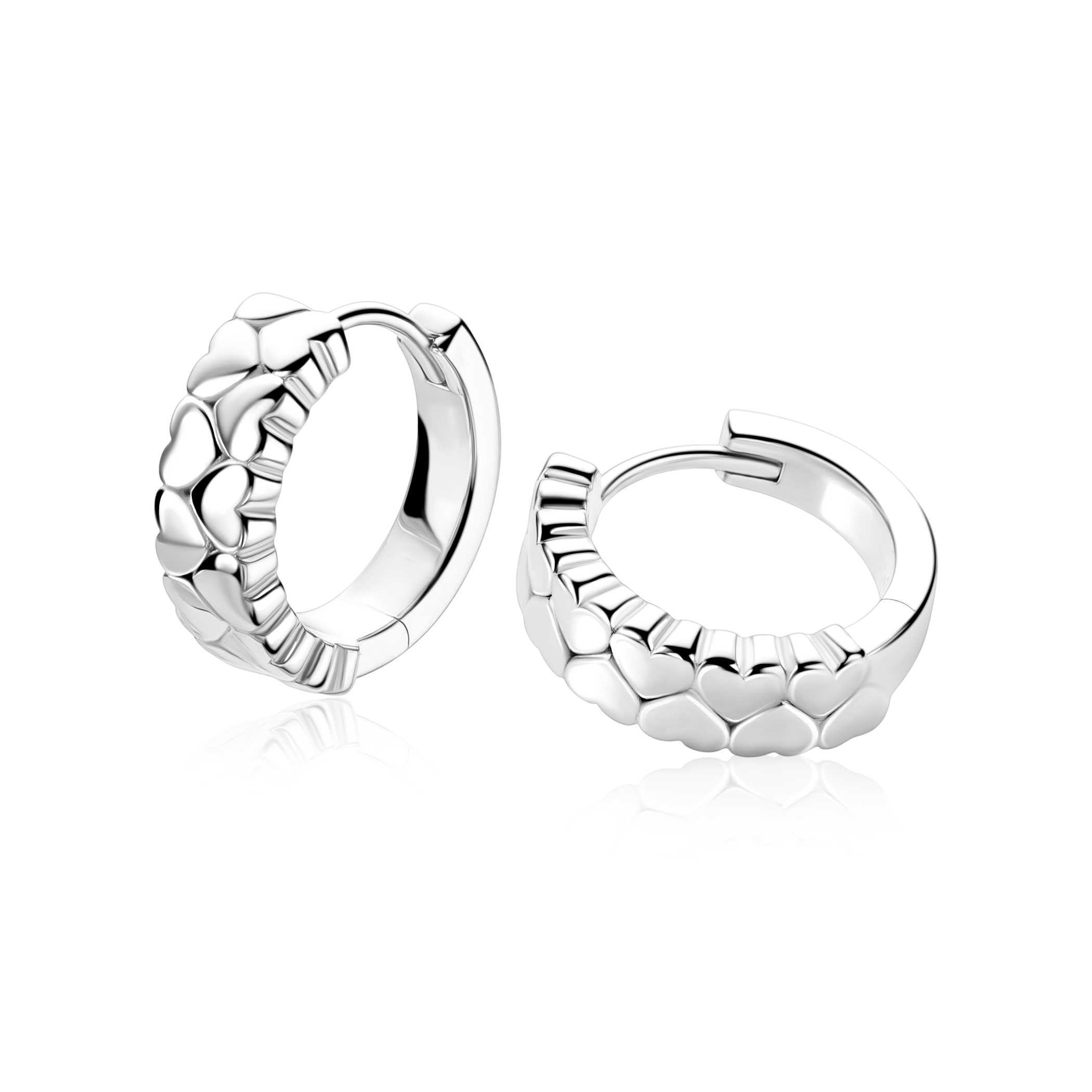 16mm ZINZI zilveren oorringen met twee rijen aaneengeschakelde gladde hartjes, 5mm buisdikte en luxe klapsluiting  ZIO2882