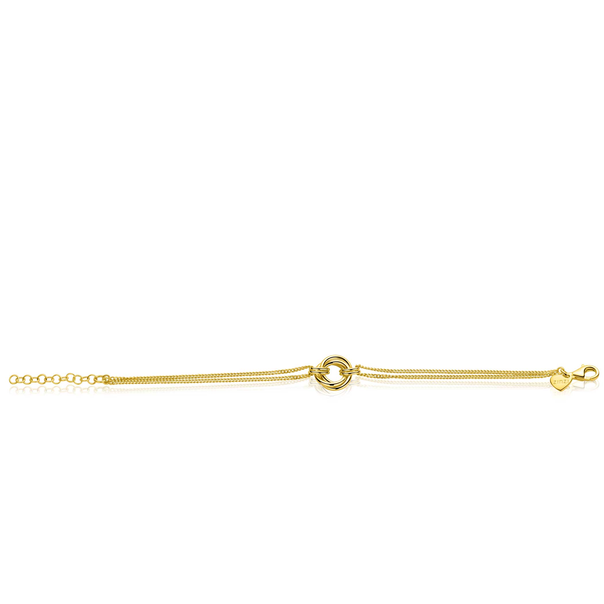 ZINZI gold plated zilveren armband met dubbele gourmet schakel en drie verbonden ringen ZIA2797