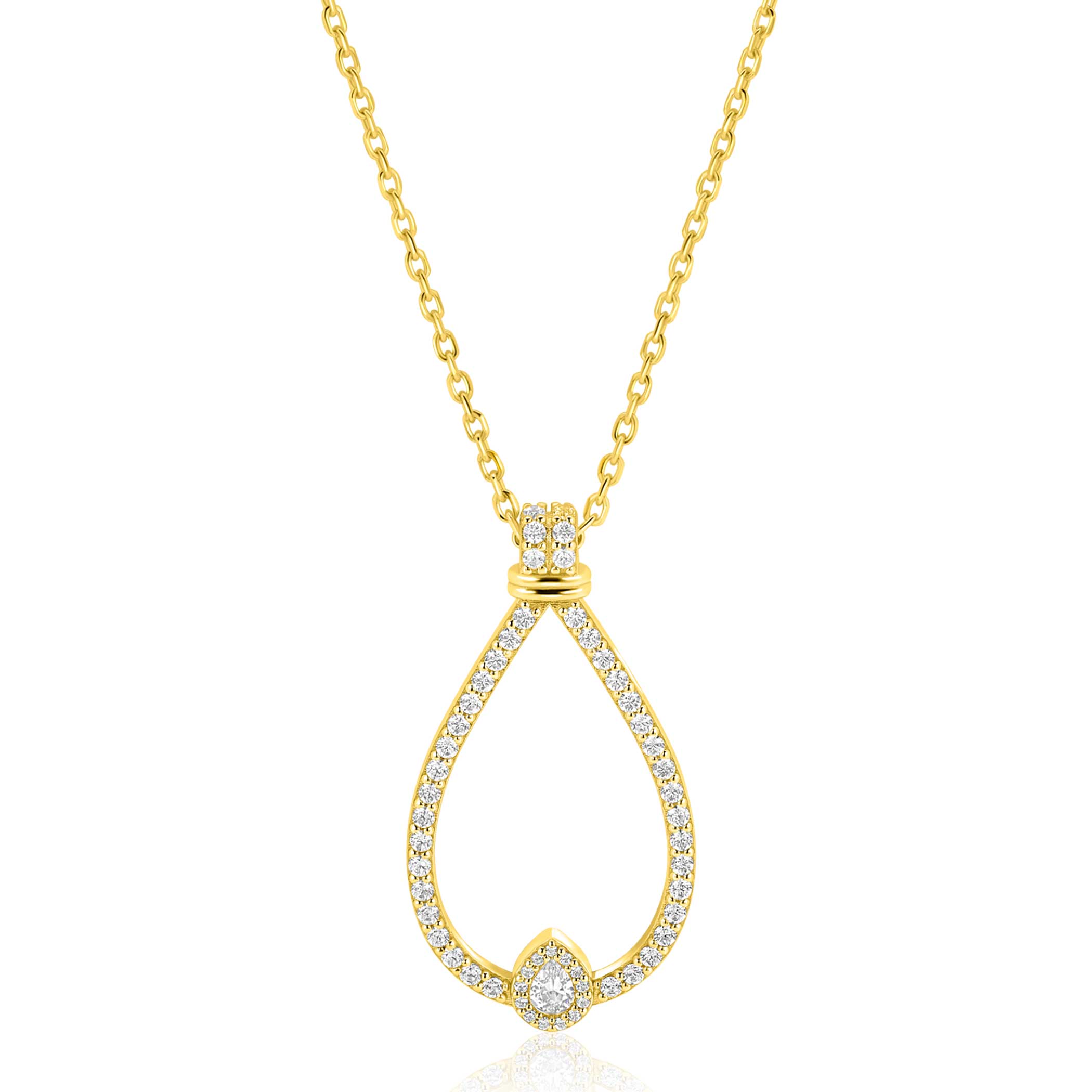 ZINZI goldplated zilveren ketting 45cm met grote sierlijke druppelvormige hanger 35mm met witte zirkonia’s ZIC2815