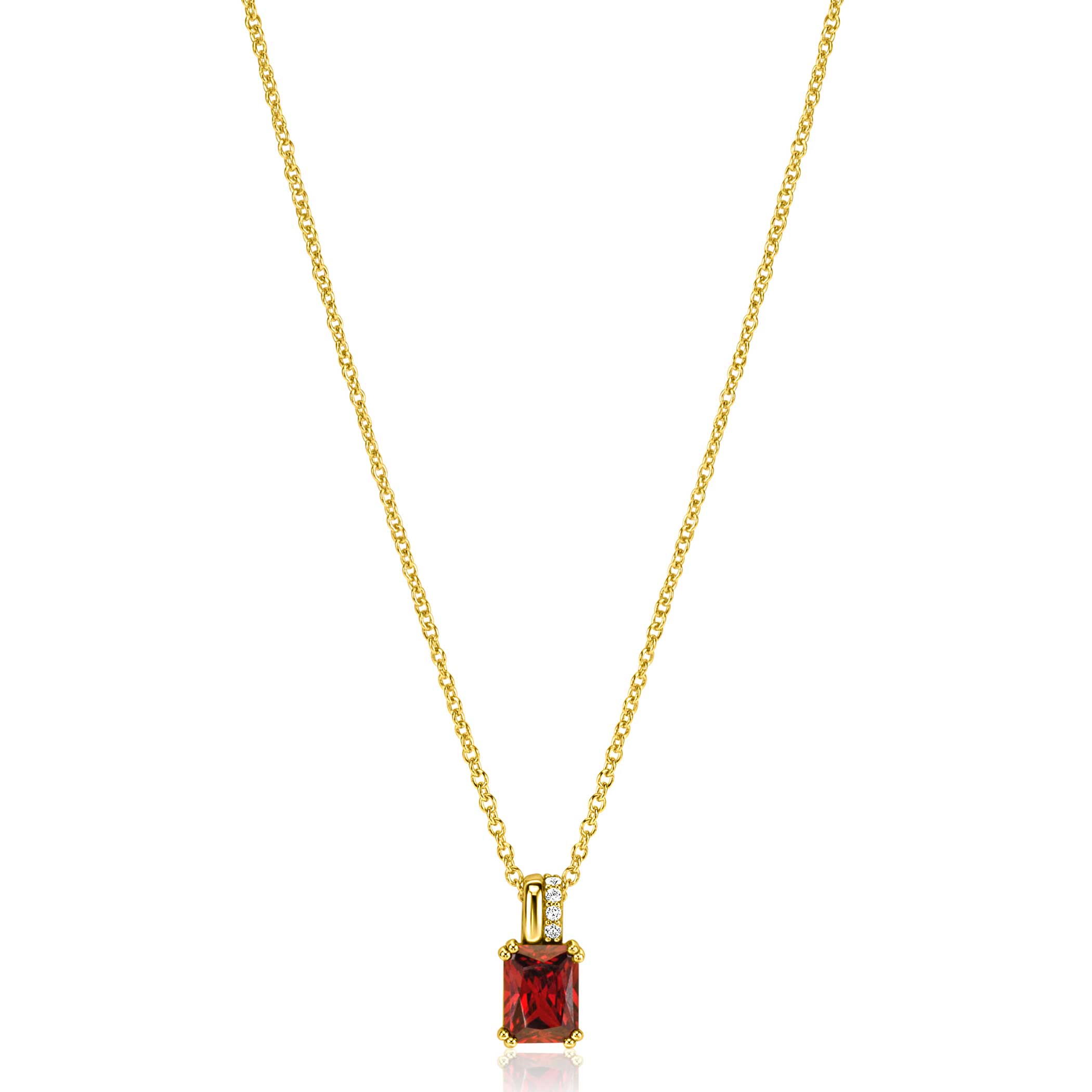 14mm ZINZI gold plated zilveren hanger met rechthoekige rood granaat kleursteen en luxe hangoog ZIH2392R (zonder collier)