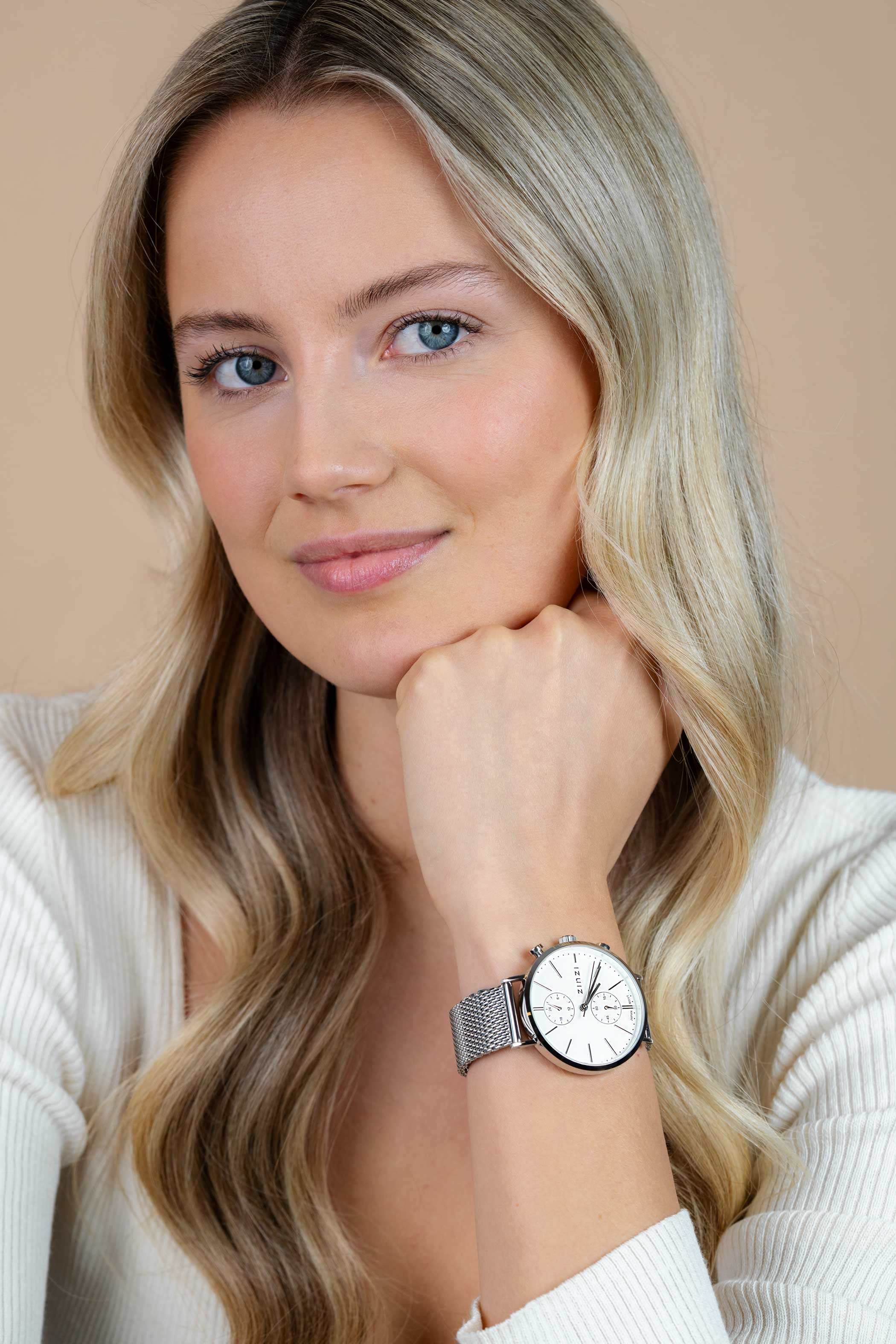 ZINZI watch Traveller witte wijzerplaat stalen kast met stalen mesh 39mm dual time ZIW740M