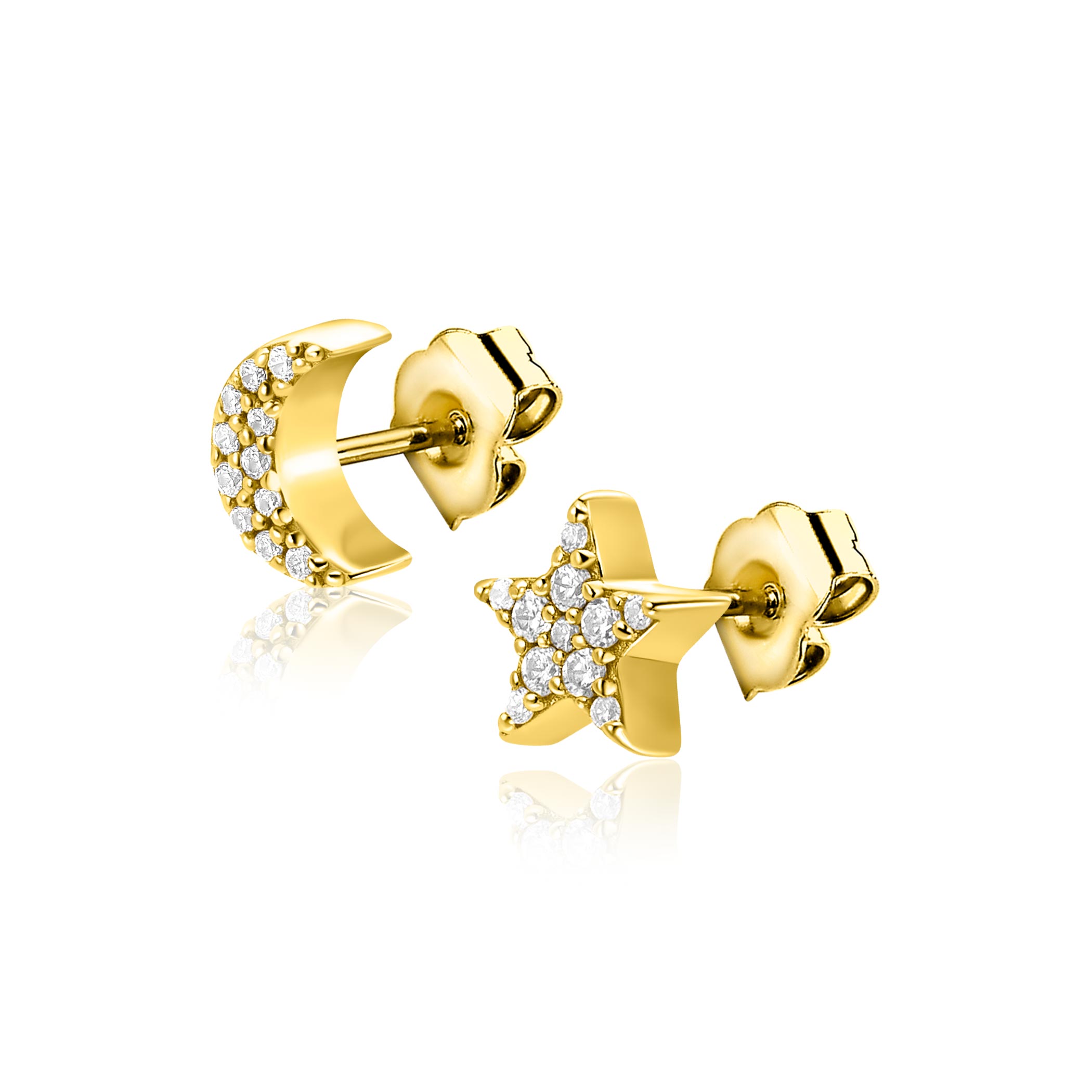 7mm ZINZI goldplated zilveren oorknopjes in ster- en maansymbool, bezet met fonkelende witte zirkonia’s ZIO2827