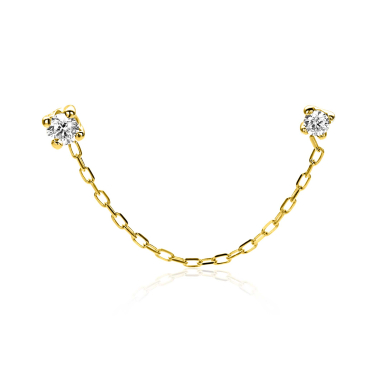 35mm ZINZI Gold 14 krt gouden dubbele oorstekers met verbonden ketting en witte zirkonia. Maar voor één oor. ZGO547 
