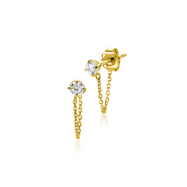 12mm ZINZI Gold 14 krt gouden oorstekers met ketting en ronde witte zirkonia ZGO552