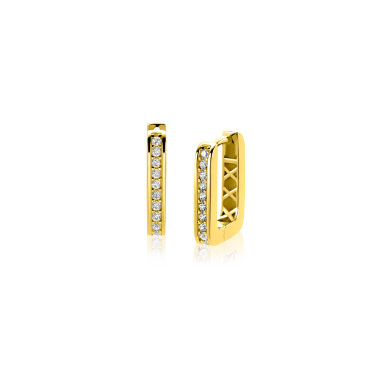 13mm ZINZI Gold 14 krt gouden rechthoekige oorringen, bezet met witte zirconia's en luxe klapsluiting 2mm vierkante buis ZGO575Z
