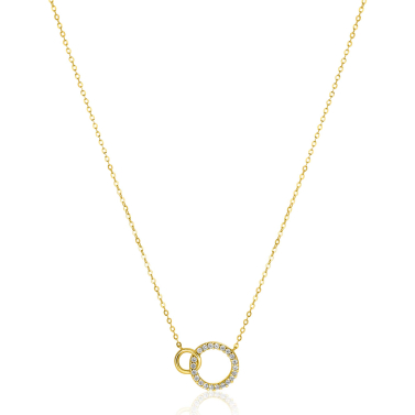 ZINZI Gold 14 krt gouden ketting met twee open rondjes, mooi met elkaar verbonden. Het groter rondje (11mm) is bezet met witte zirconia's 40-43cm ZGC460