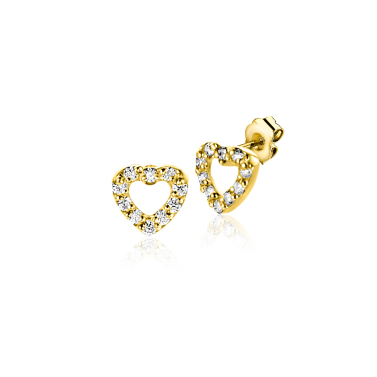 5mm ZINZI Gold 14 krt gouden oorknoppen open hartje bezet met witte zirkonia's ZGO551