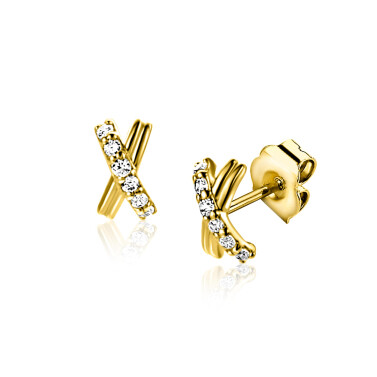 6mm ZINZI Gold 14 krt gouden oorstekers met X-vorm, bezet met witte zirkonia's ZGO549