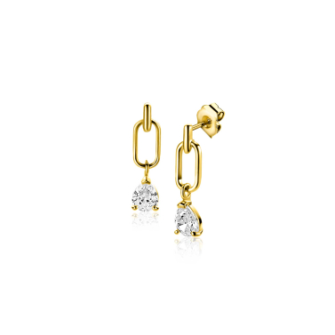 12mm ZINZI Gold 14 krt gouden oorstekers, open ovaal met peervormige witte zirkonia ZGO548