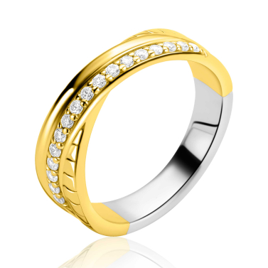 ZINZI goldplated zilveren brede cross-over ring glad witte zirkonia's ZIR2801C