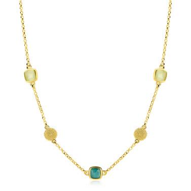 ZINZI gold plated zilveren ketting 45cm met drie vierkante kleurstenen in zachte groentinten, afgewisseld met ronde structuurelementen ZIC2904