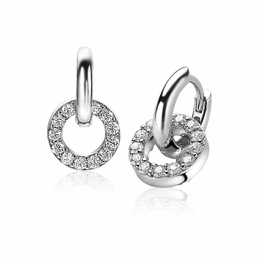 ZINZI zilveren oorbedels 10mm cirkel witte zirconia's ZICH2155. (zonder oorringen).