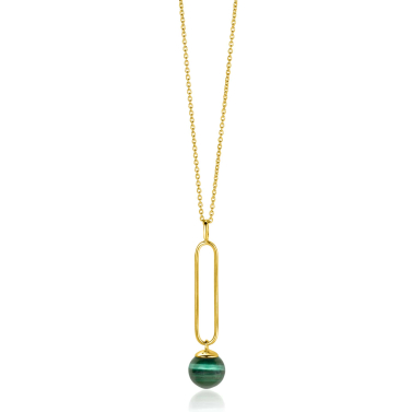 ZINZI gold plated zilveren ketting met lange ovale hanger en bungelende groene cateye in bolvorm 40-45cm ZIC2420