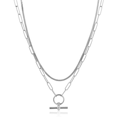 ZINZI zilveren schakel ketting 50cm met multilook: combinatie van gourmet en paperclip schakels en trendy T-bar bezet met witte zirconia's ZIC2462