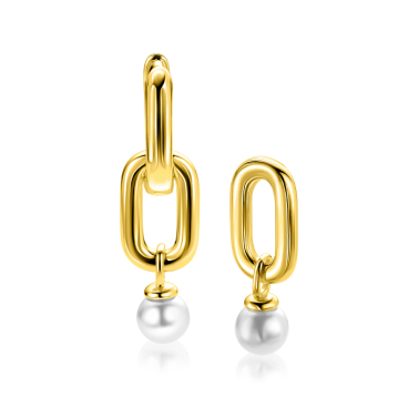 23mm ZINZI goldplated zilveren oorbedels met een langwerpige stoere schakel en witte parel ZICH2821G (zonder oorringen)